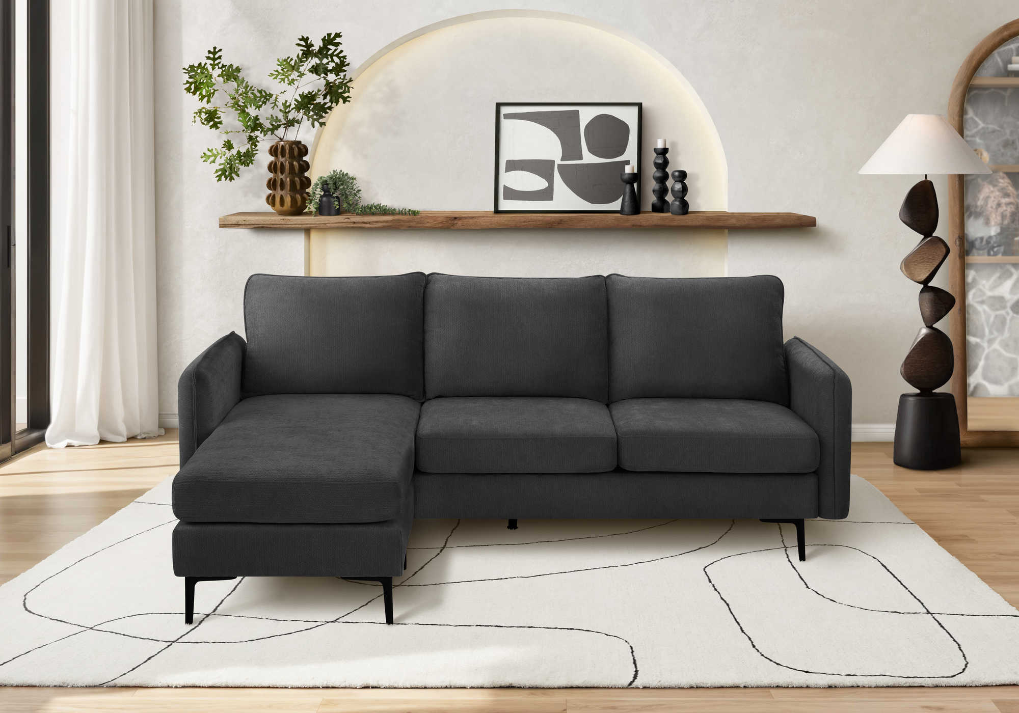 SOFA CHAISE LONGUE - G/D / TISSU NOIR #COACH-20 – 8K14C20