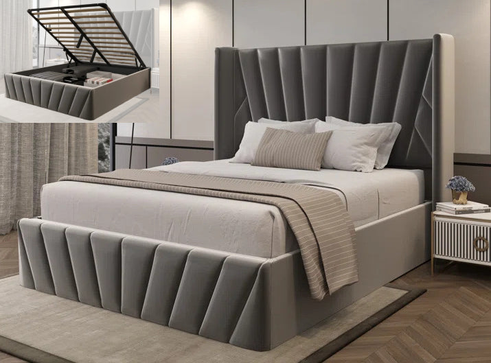 Image of bay bed velvet with hydrolic lift and storage.