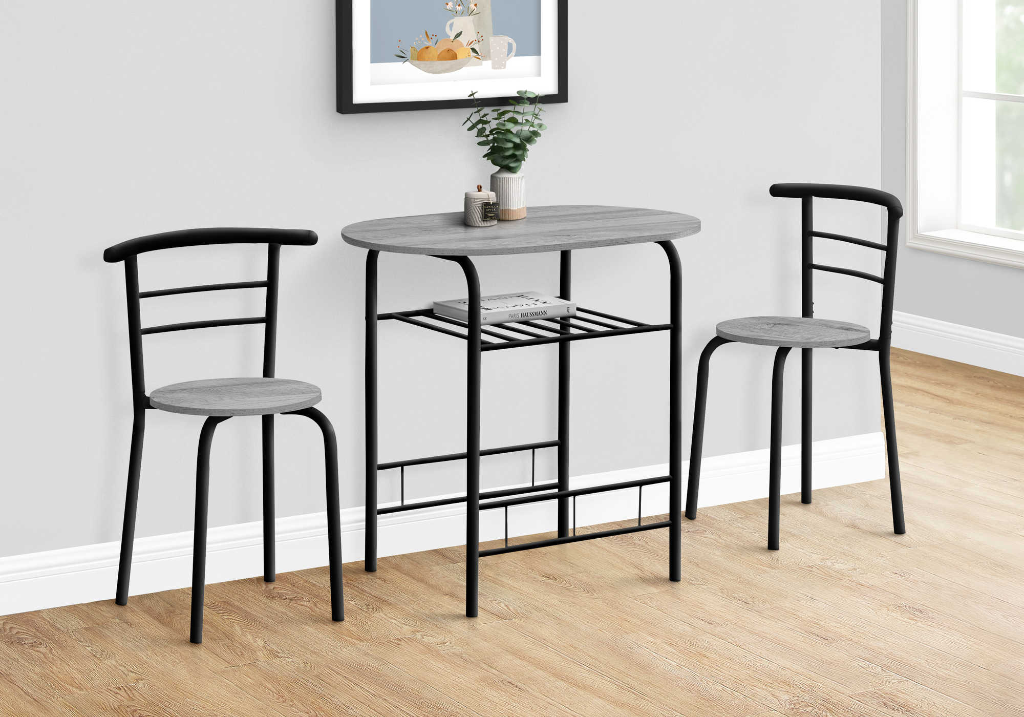 Image of dining set - 3pcs set / grey top / black metal i 1207.