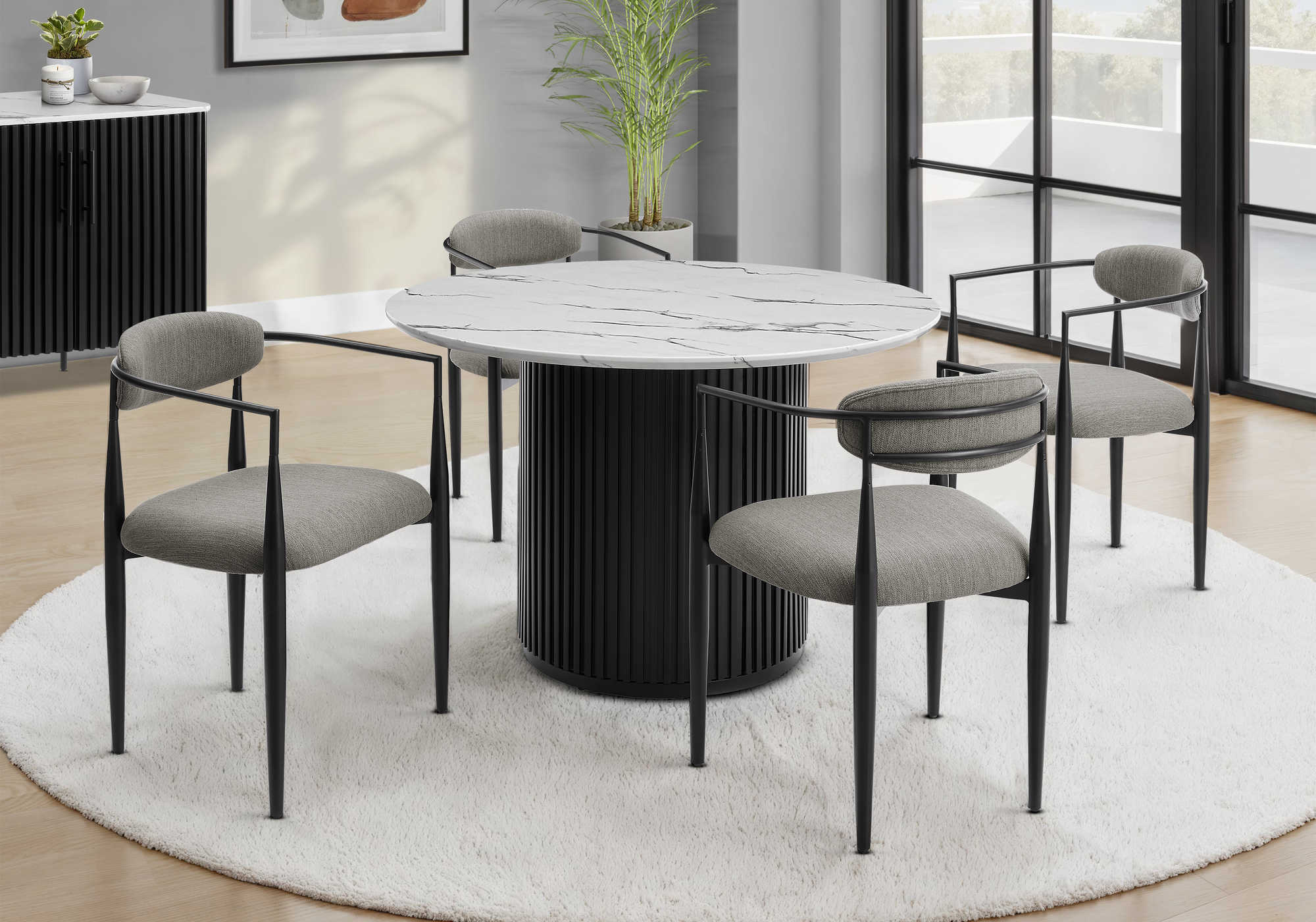 TABLE A MANGER - 48"DIA / FAUX MARBRE BLANC / BASE NOIRE – I 1227