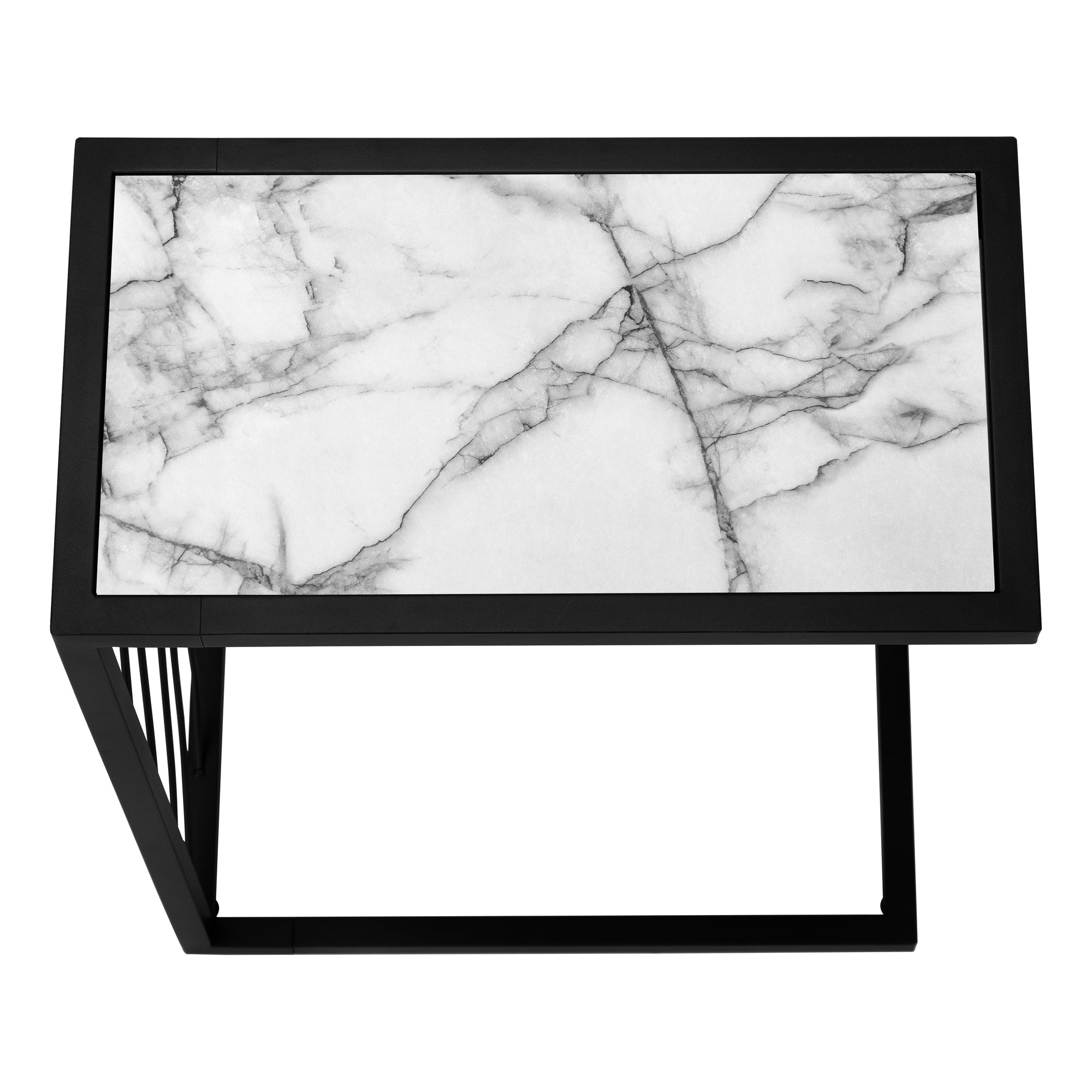TABLE DE CHEVET - 25"H / FAUX MARBRE BLANC / METAL NOIR – I 3300.