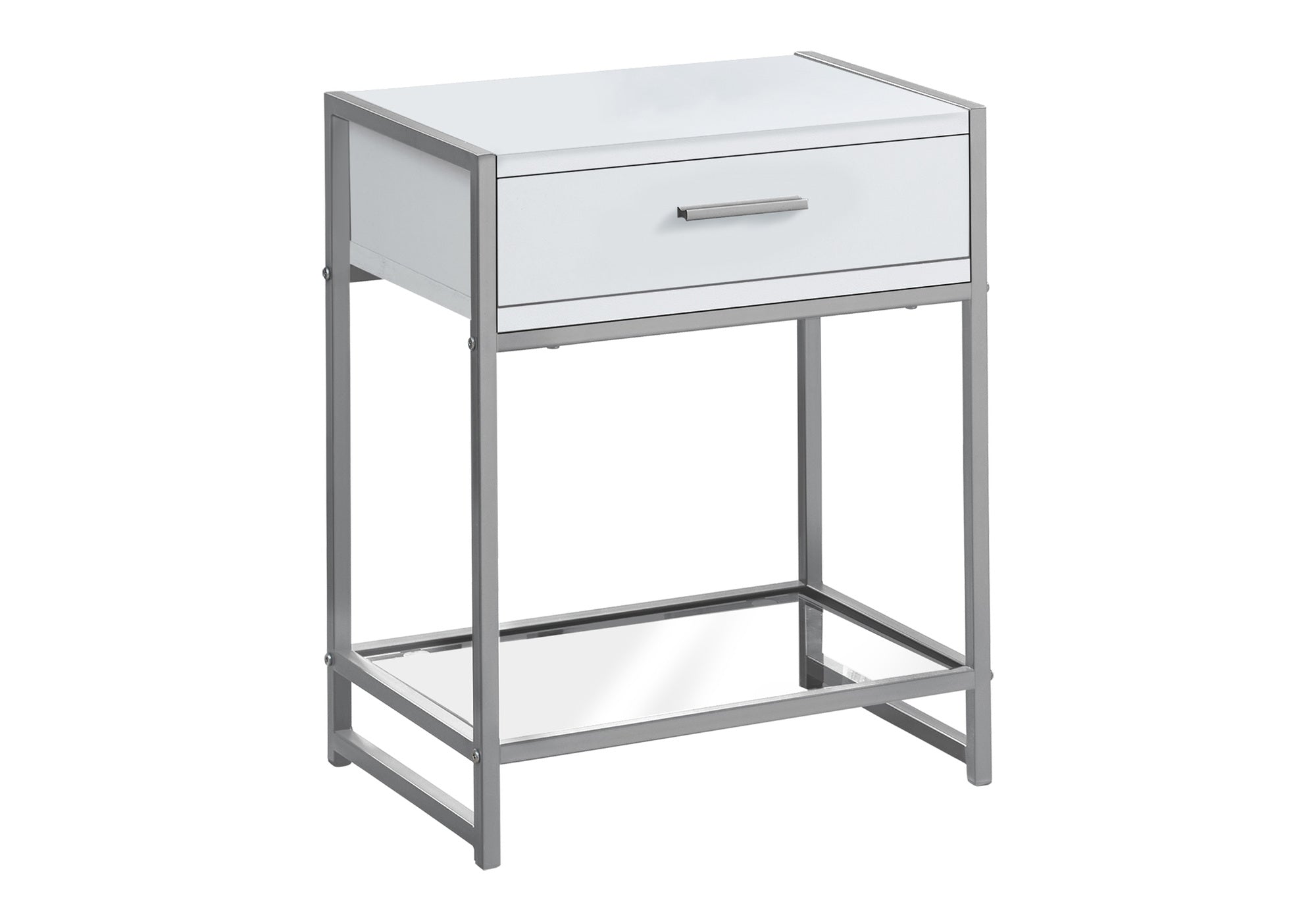 TABLE DE CHEVET - 22"H / BLANC / ARGENT / VERRE TREMPE – I 3503.