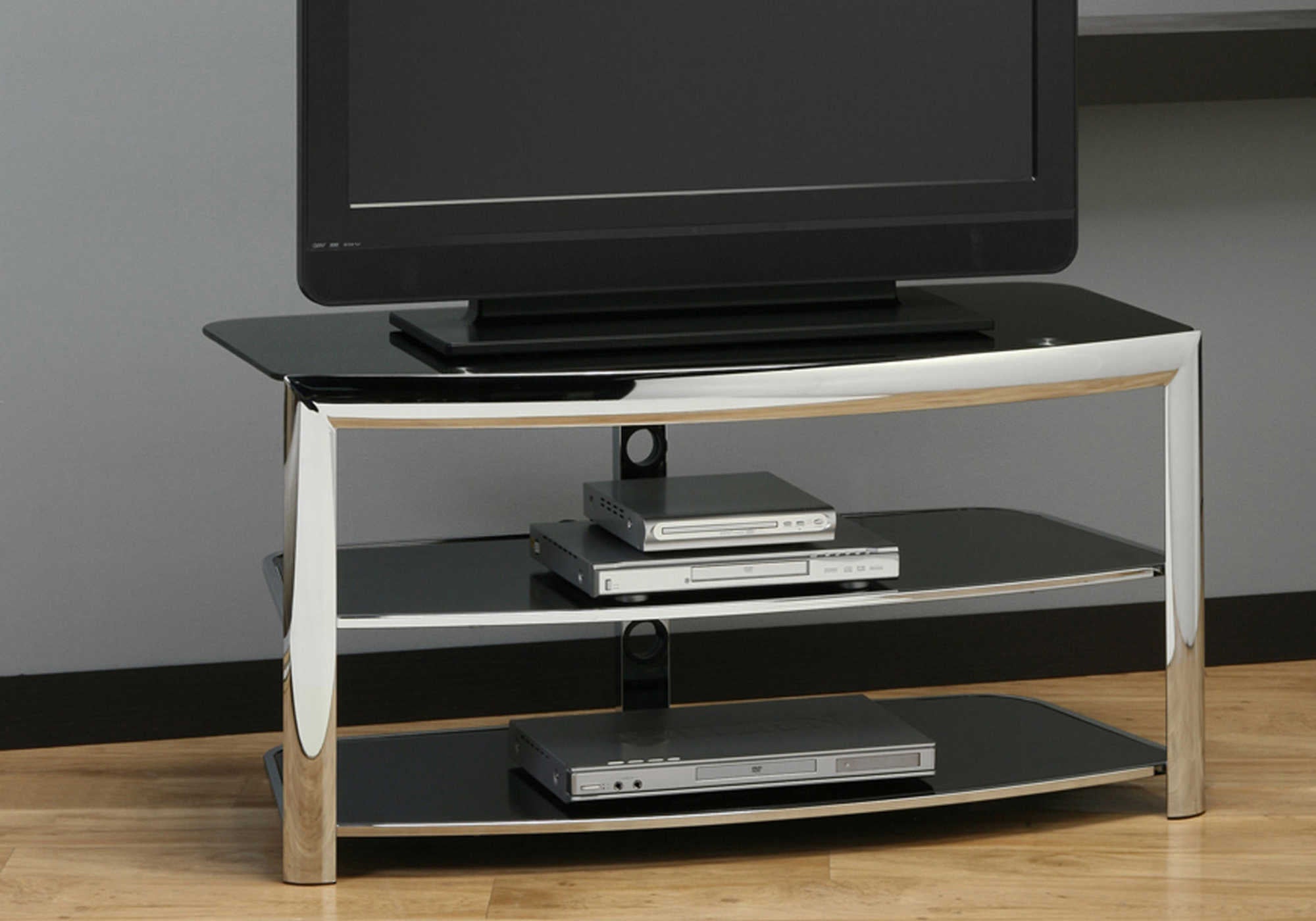 Image of tv stand - chrome metal / black tempered glass i 2038.