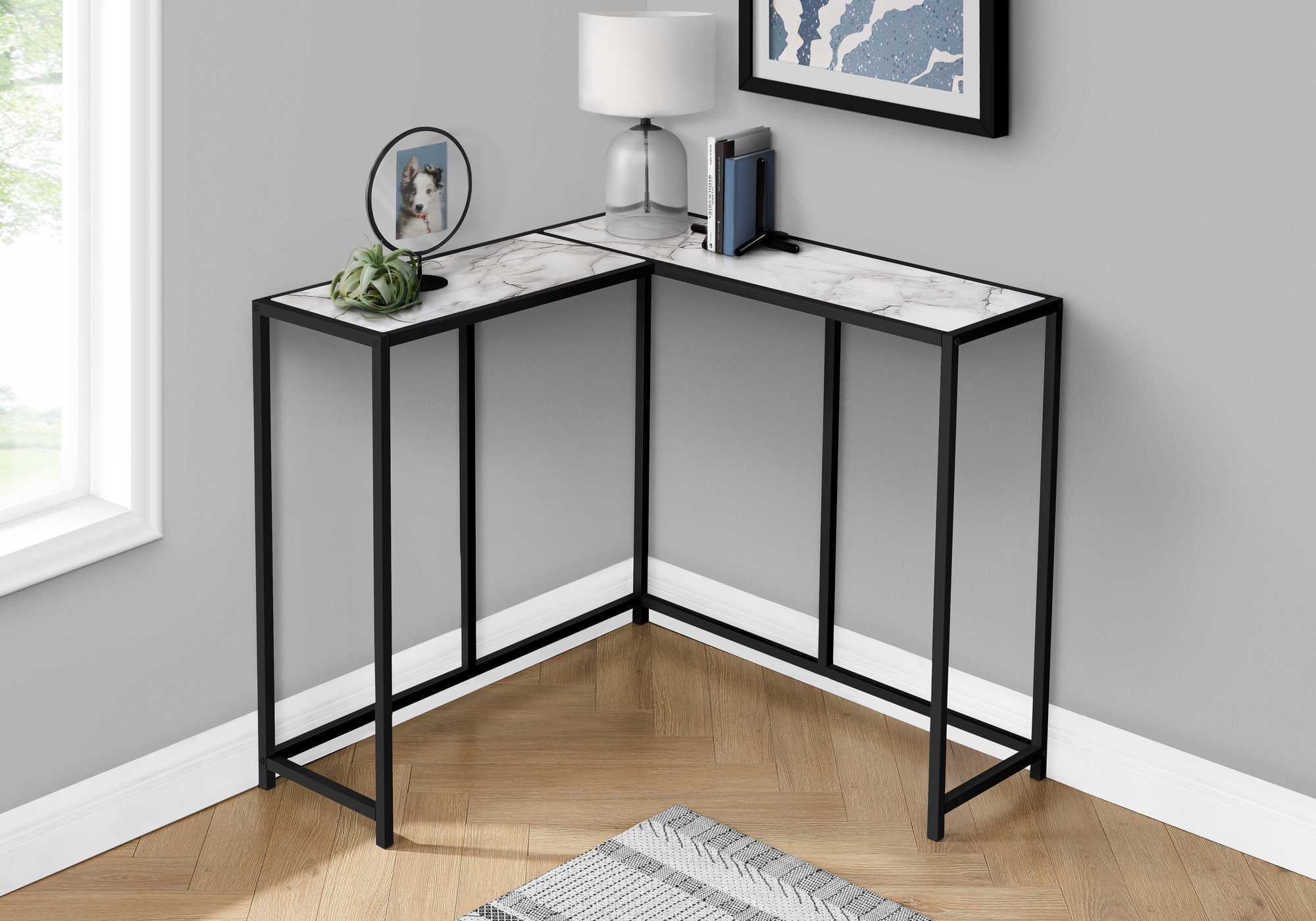 TABLE D'APPOINT - 36"L / MARBRE BLANC / CONSOLE DE COIN – I 2159.
