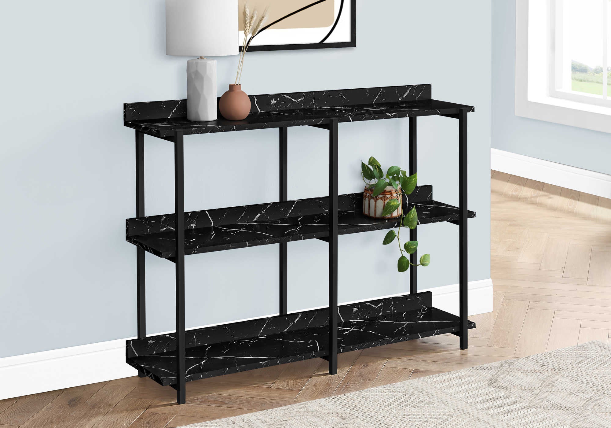 TABLE D'APPOINT - 48"L / CONSOLE MARBRE NOIR / METAL NOIR – I 2220.