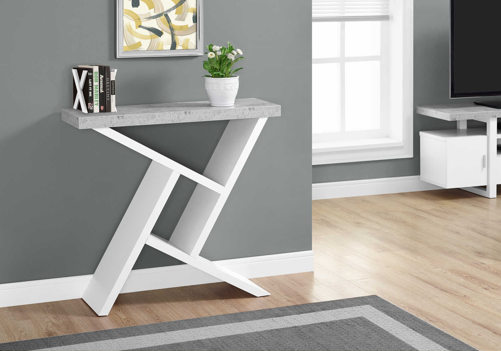 TABLE D'APPOINT - 36"L / CONSOLE BLANC / SIMILI-CIMENT – I 2405.