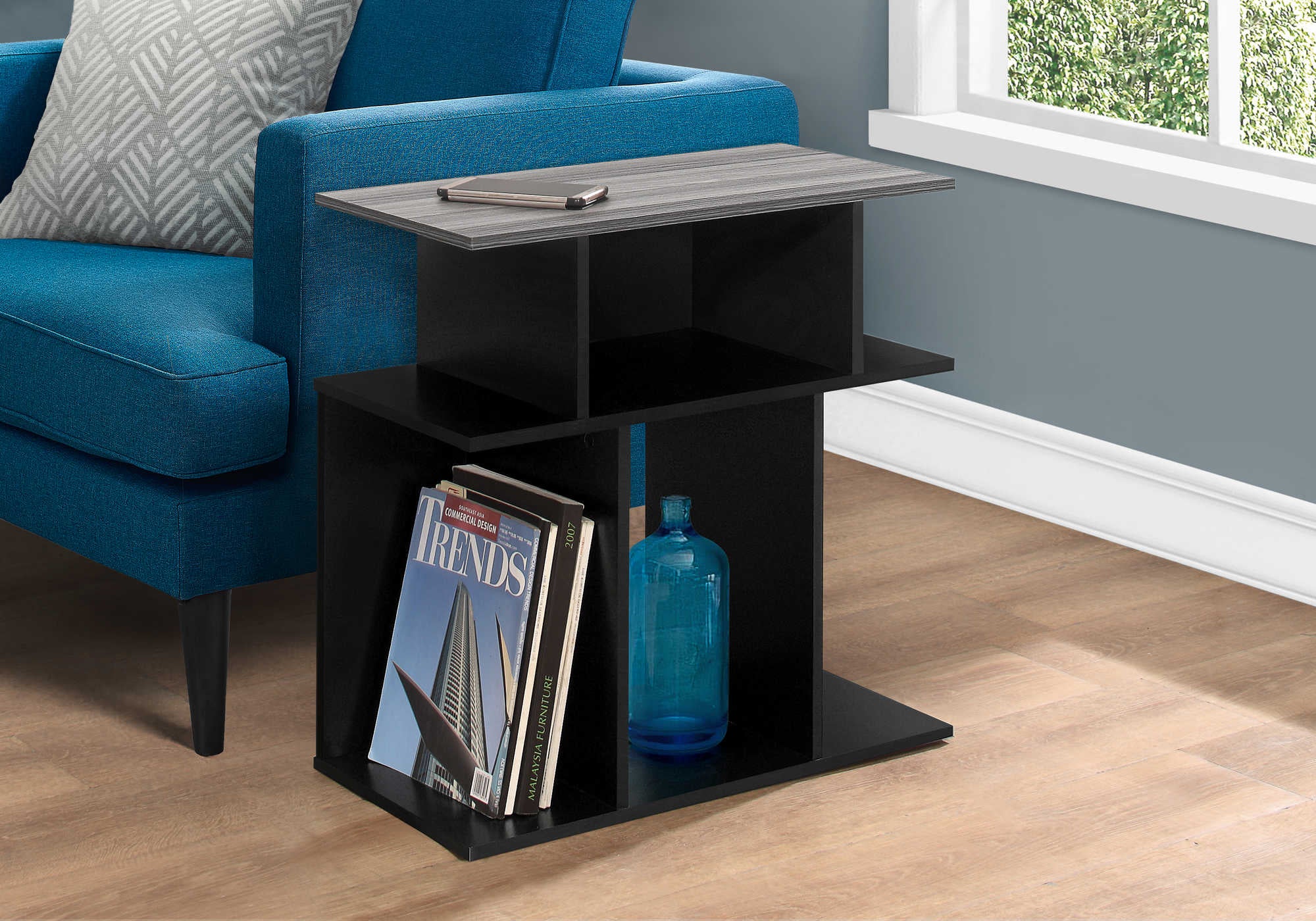 TABLE DE CHEVET - 24"H / NOIR / DESSUS GRIS – I 2477.