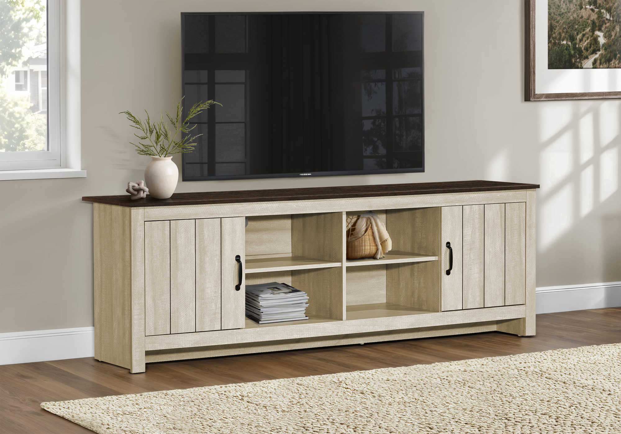 MEUBLE TV - 72"L / BEIGE PALE / DESSUS CHENE FONCE 2 PORTES – I 2507
