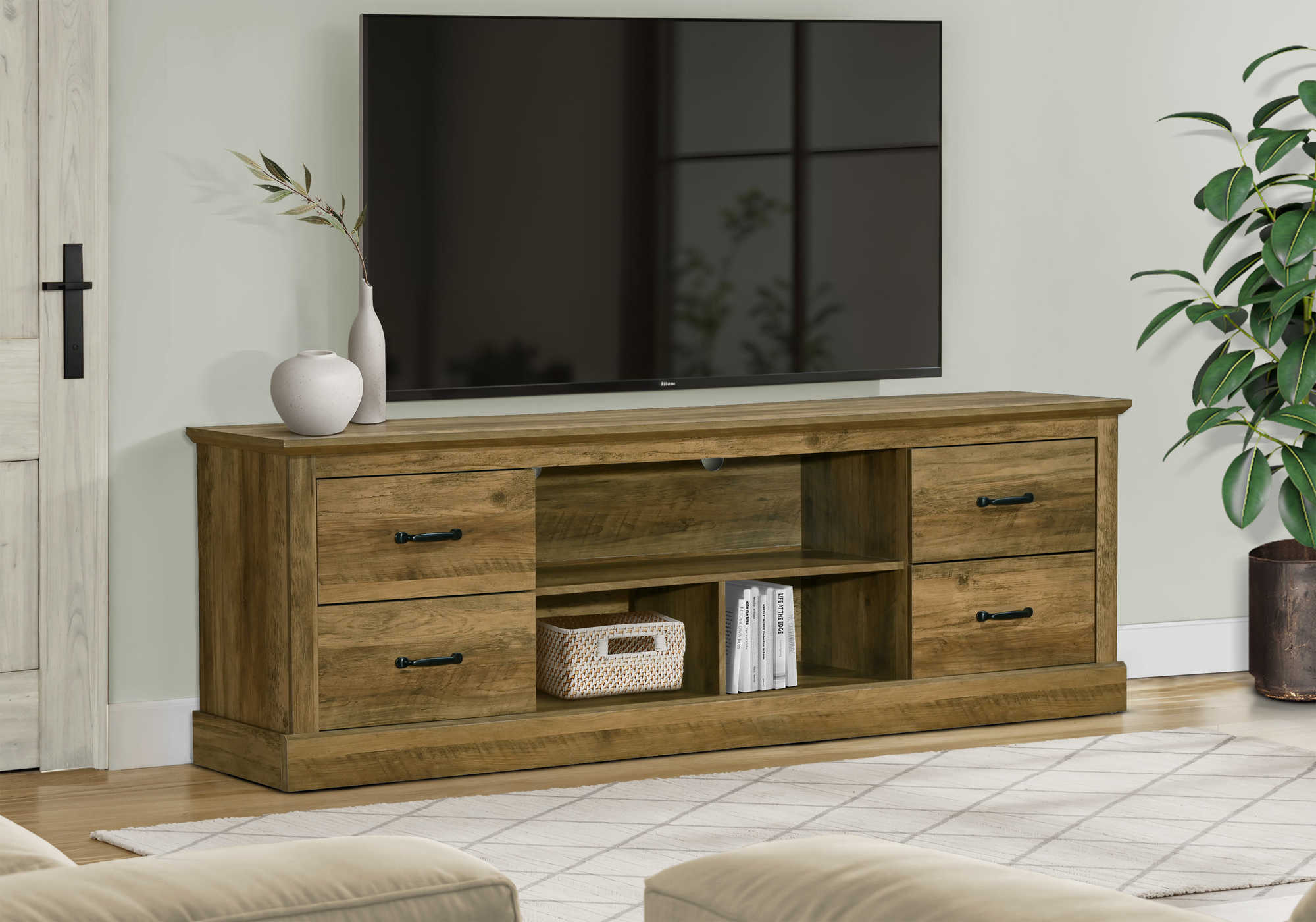 MEUBLE TV - 72"L / BRUN FONCE CHENE AVEC 4 TIROIRS – I 2524