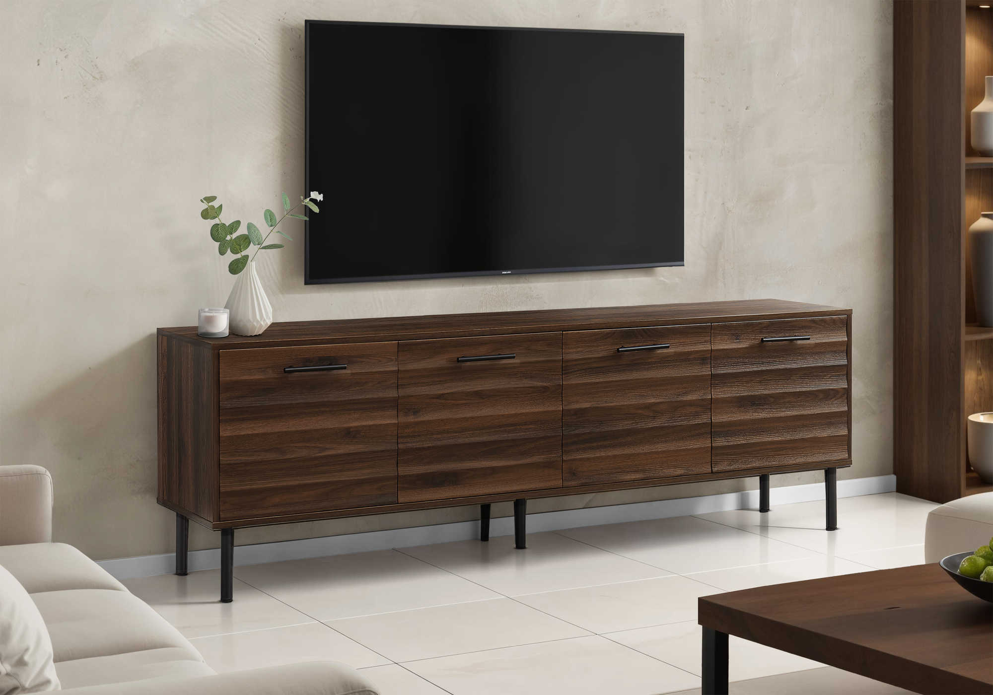MEUBLE TV - 72"L / BRUN FONCE SIMILI-BOIS AVEC 4 PORTES – I 2727