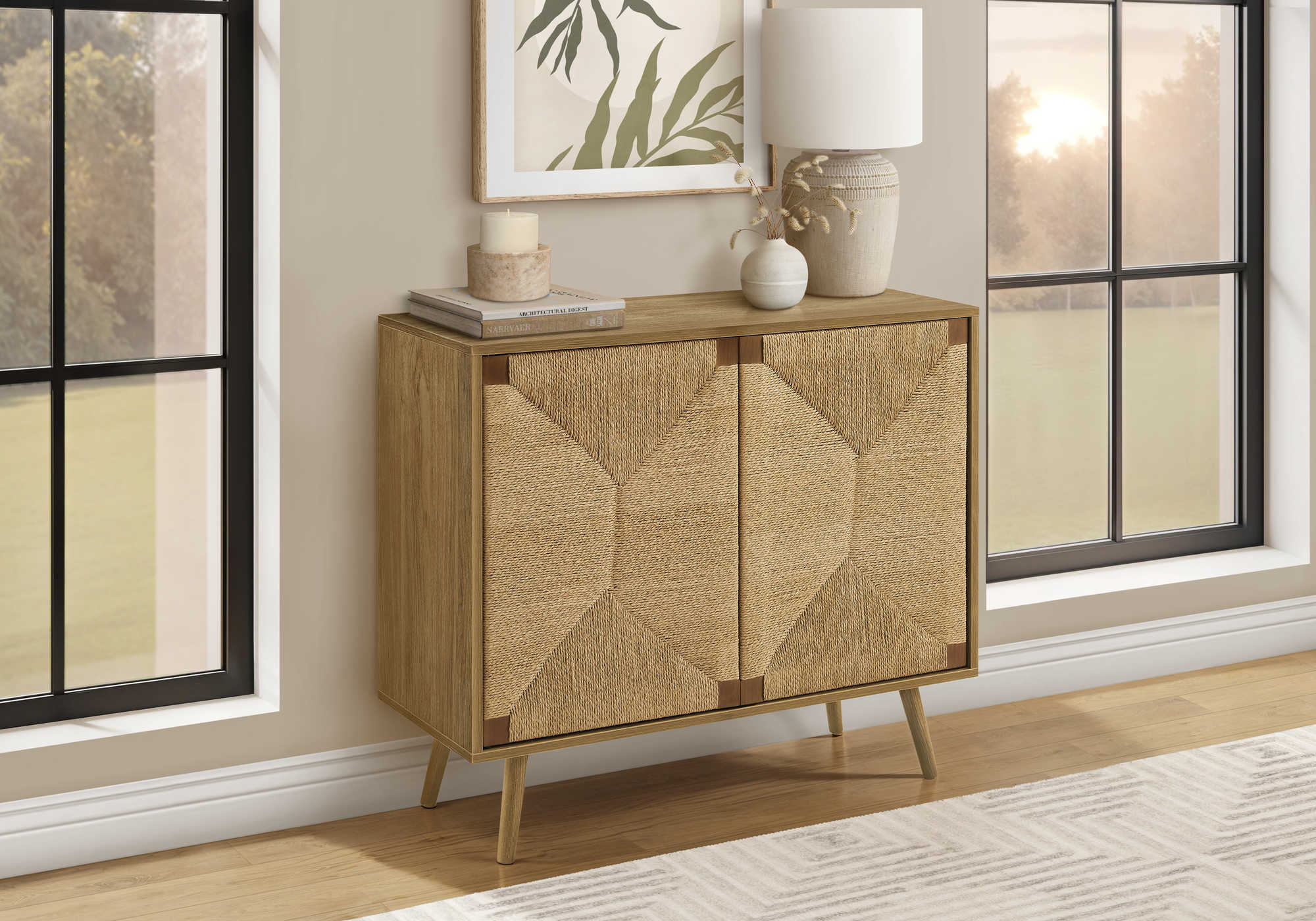 COMMODE - 32"H / ASPECT JONC DE MER / NOYER PALE - 2 PORTES – I 2729
