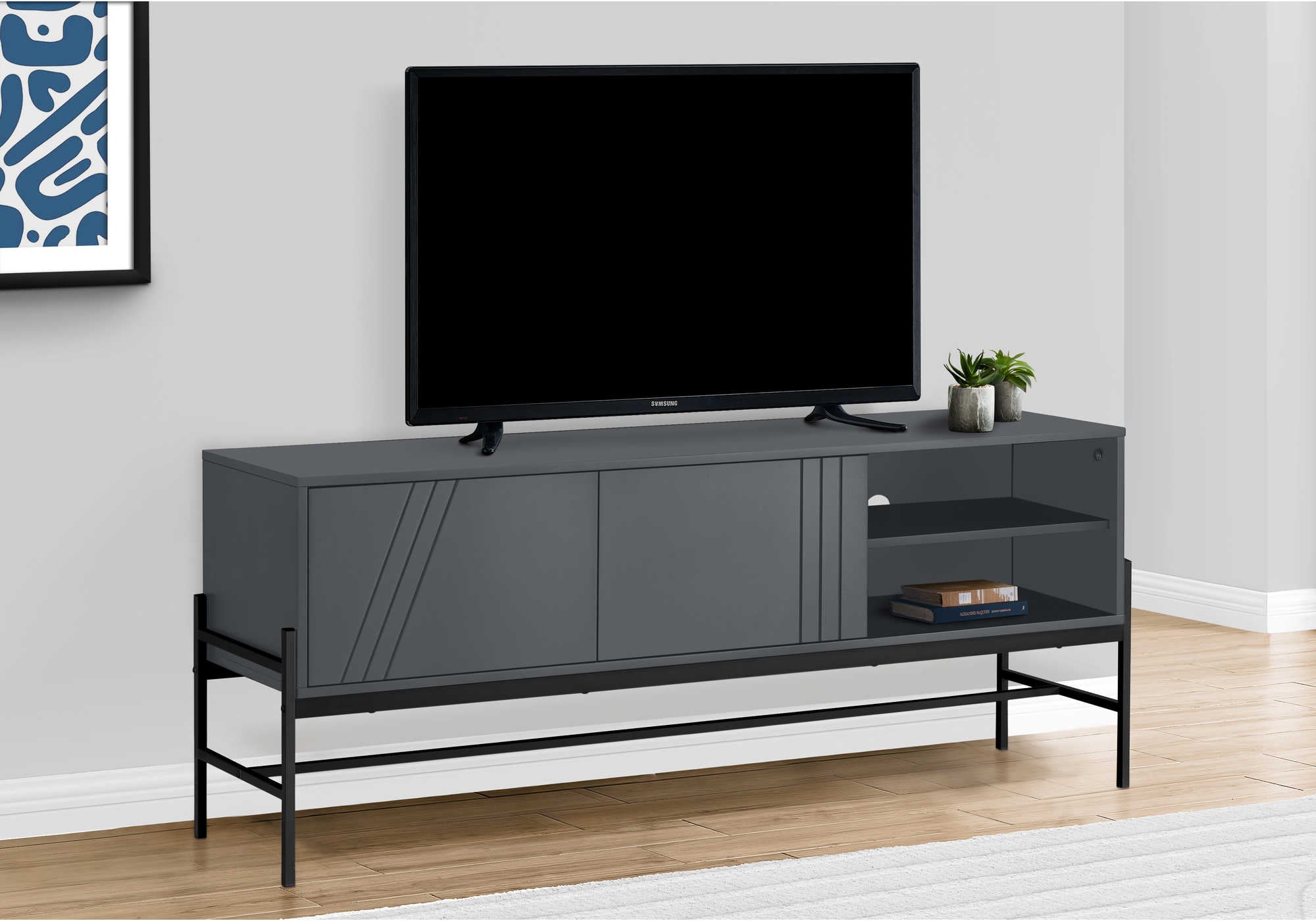 Image of tv stand - 60"l / grey / black metal with storage i 2739.