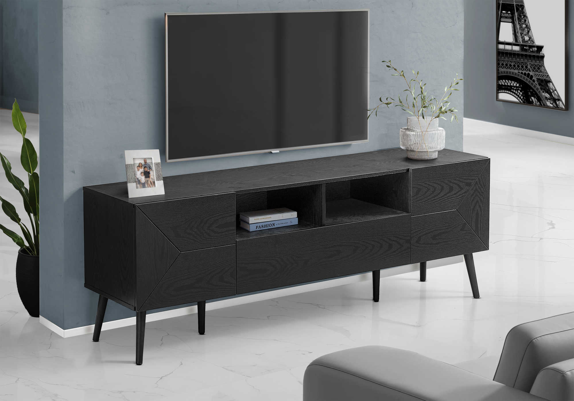 MEUBLE TV - 72"L / NOIR SIMILI-BOIS AVEC D'ENTREPOSAGE – I 2754