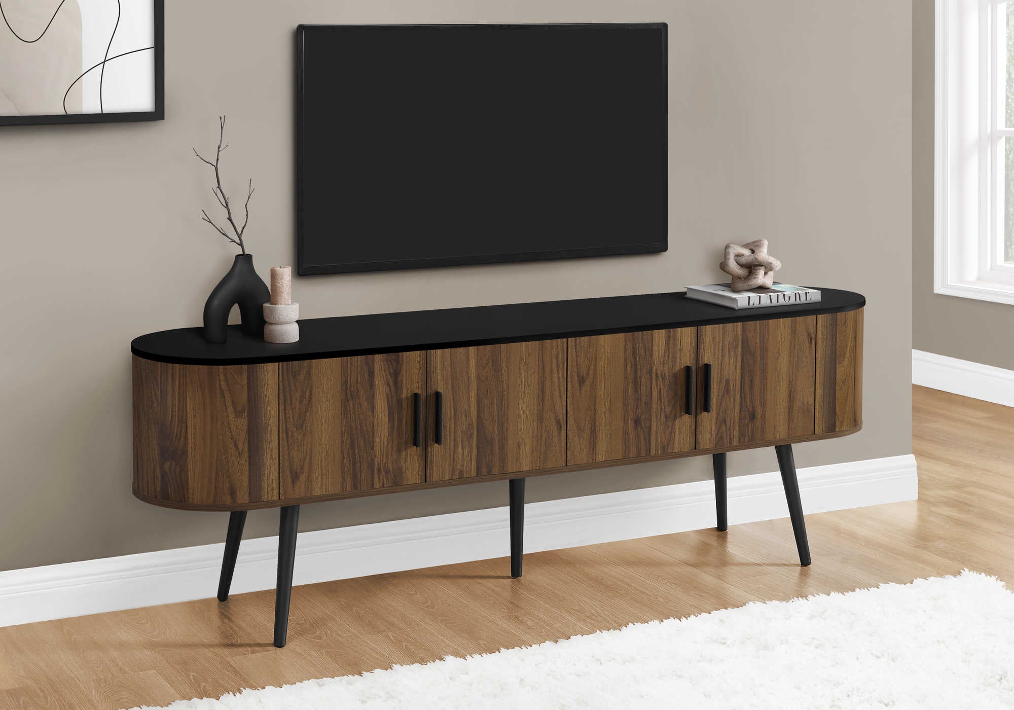 Image of tv stand - 72"l / black with 4 brown wood-look doors i 2798.