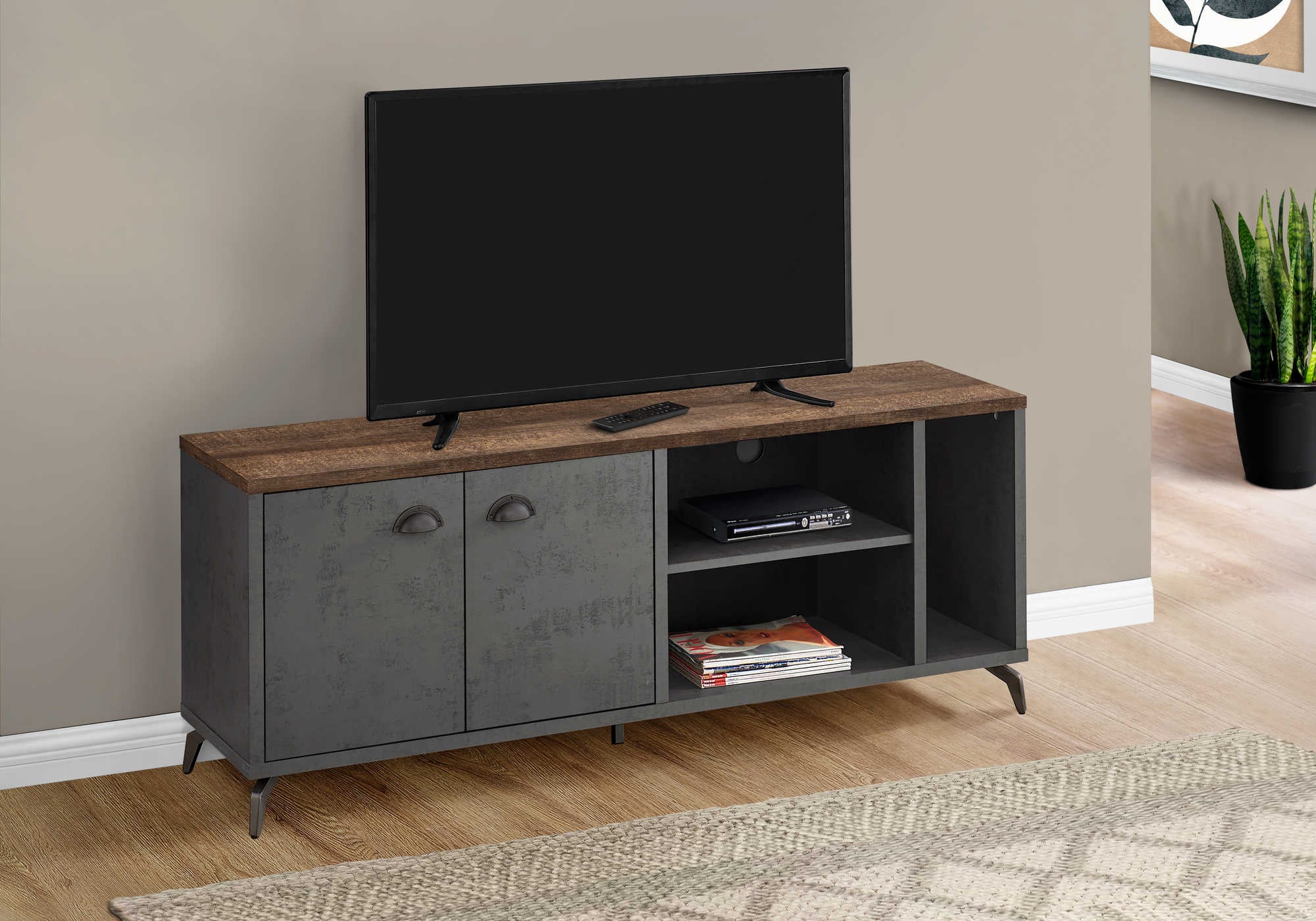 Image of tv stand - 60"l / grey concrete / medium brown reclaimed i 2831.