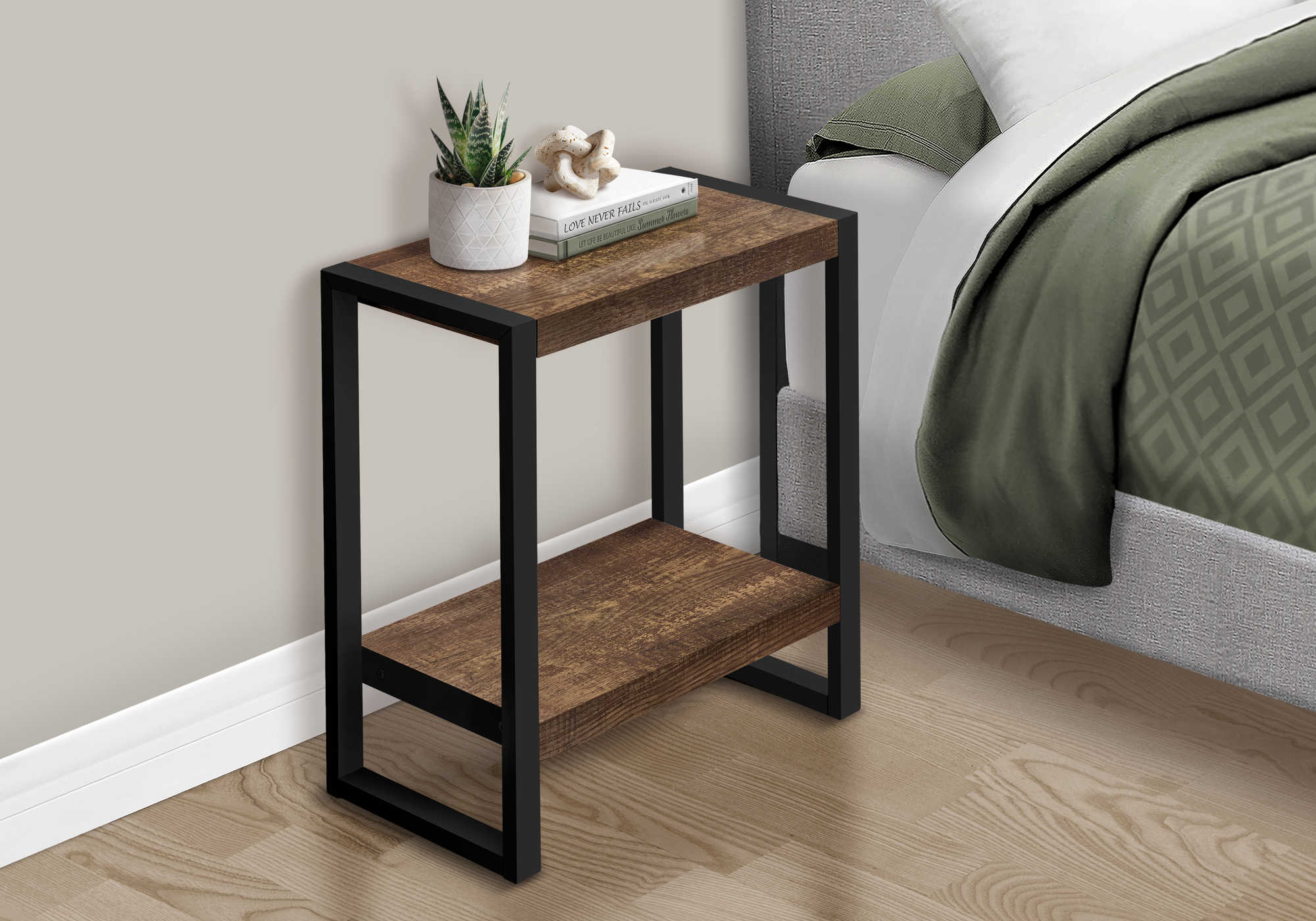 TABLE DE CHEVET - FAUX BOIS BRUN / METAL NOIR – I 2852.