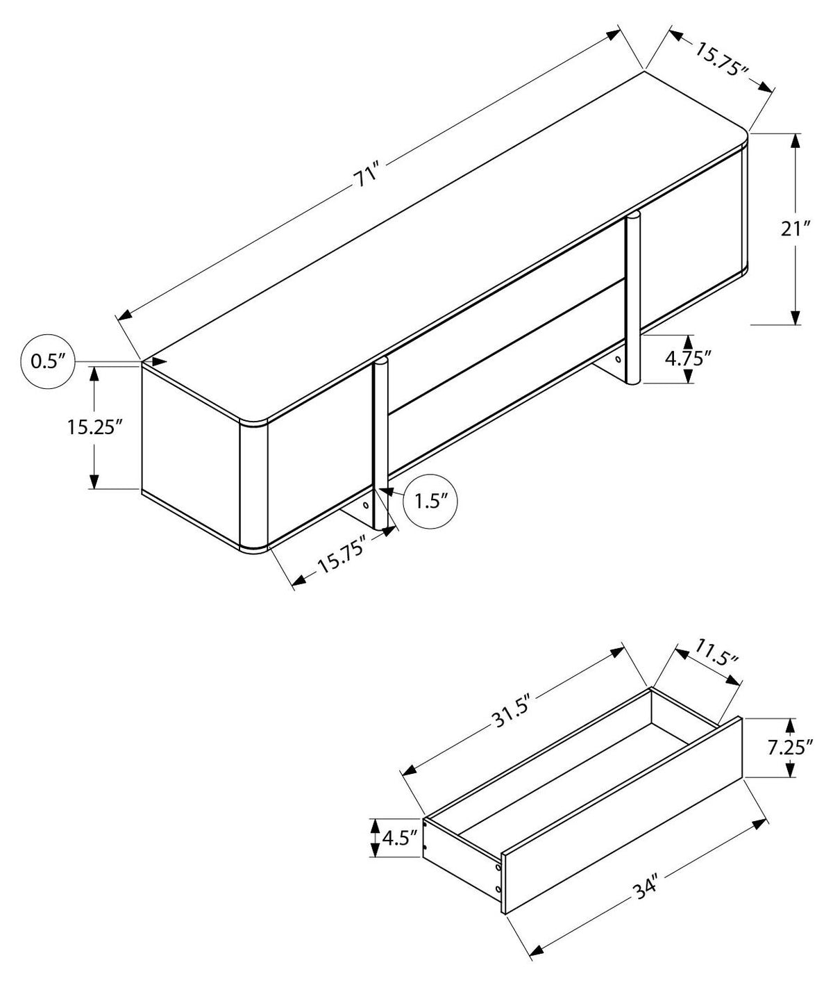 MEUBLE TV - 72"L / NOIR SIMILI-BOIS AVEC 2 PORTES / TIROIRS – I 2865
