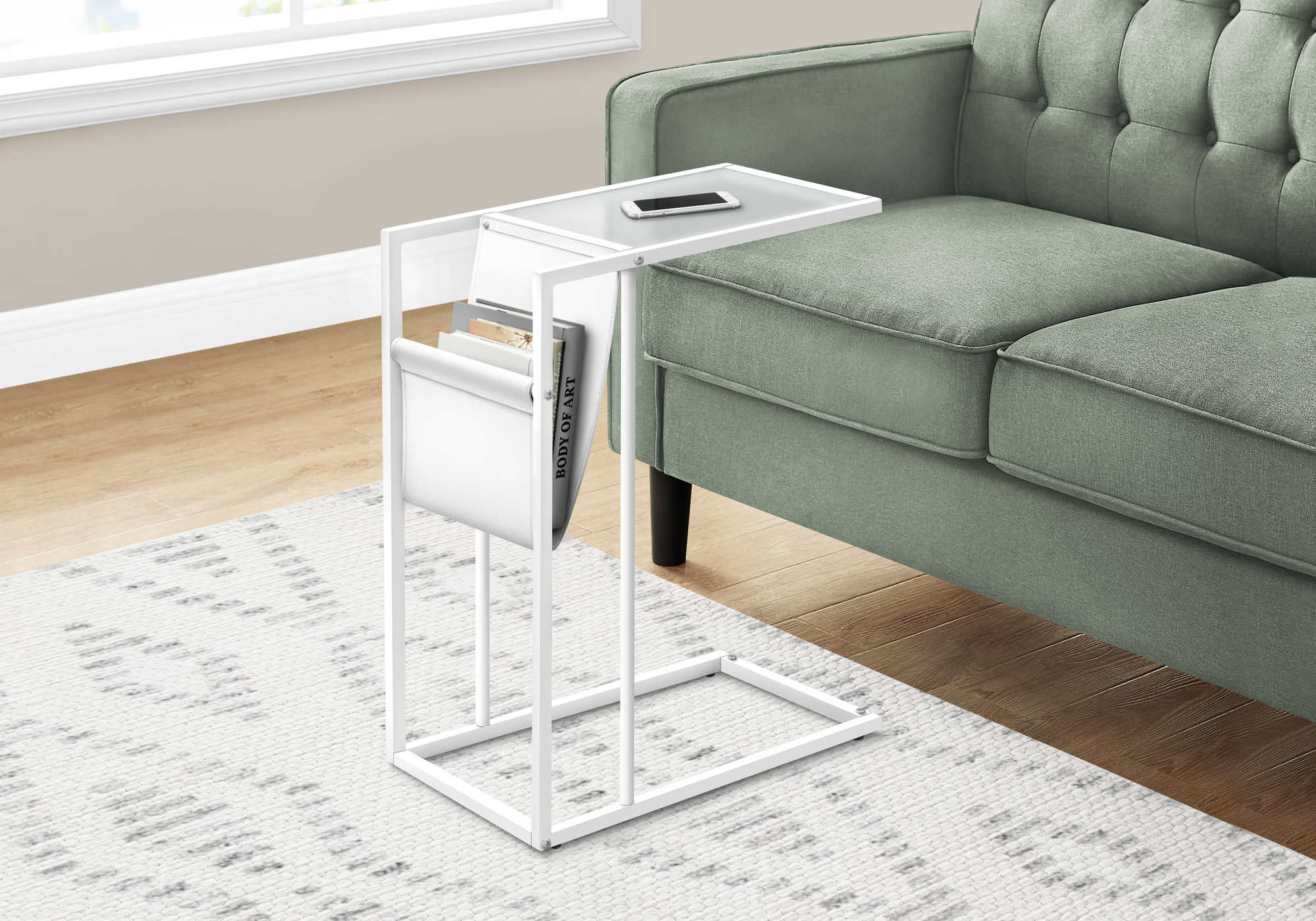 TABLE DE CHEVET - BLANC / METAL BLANC ET SUPPORT MAGAZINE – I 3067.