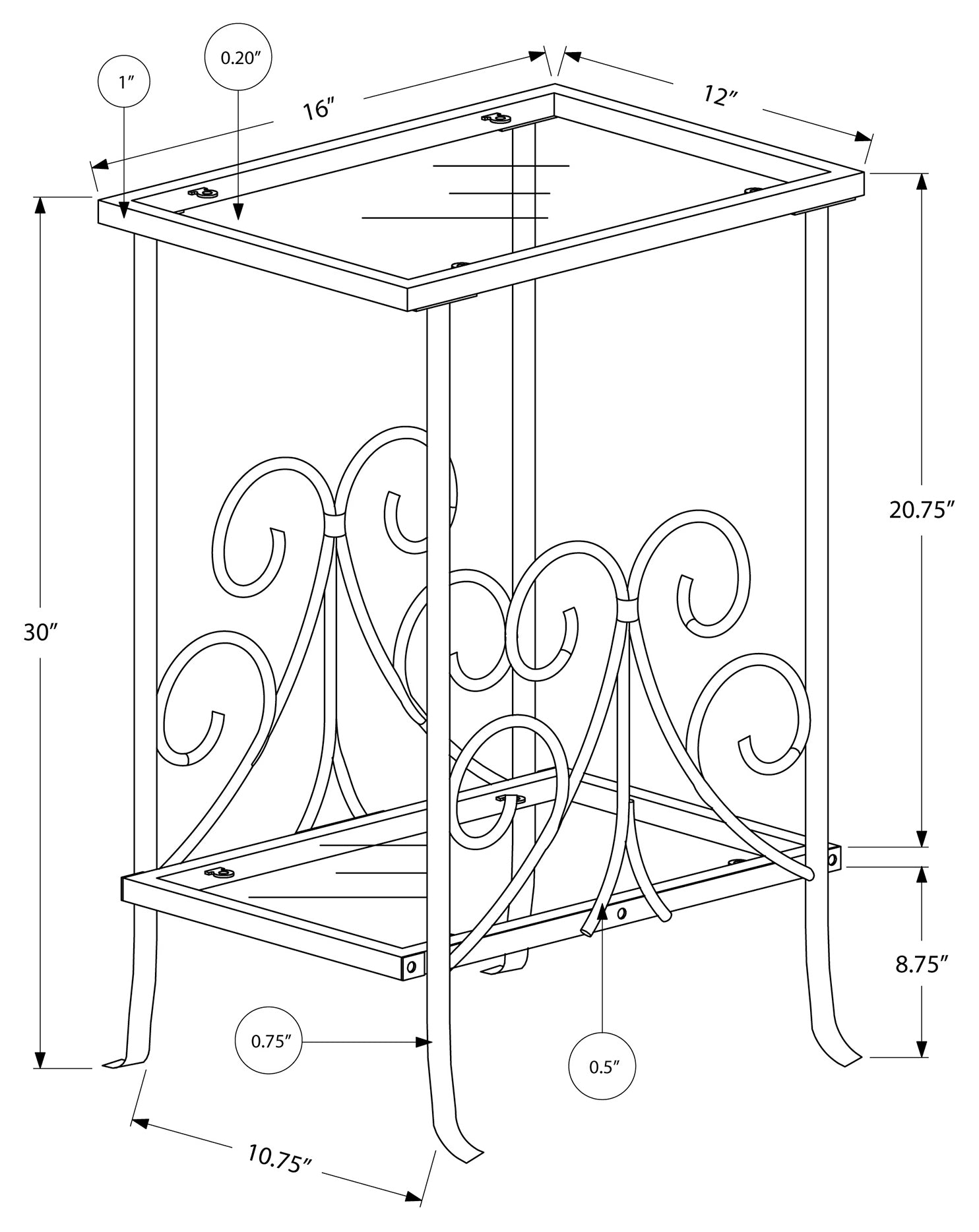 TABLE DE CHEVET - 30"H / METAL ARGENT AVEC VERRE TREMPE – I 3158.