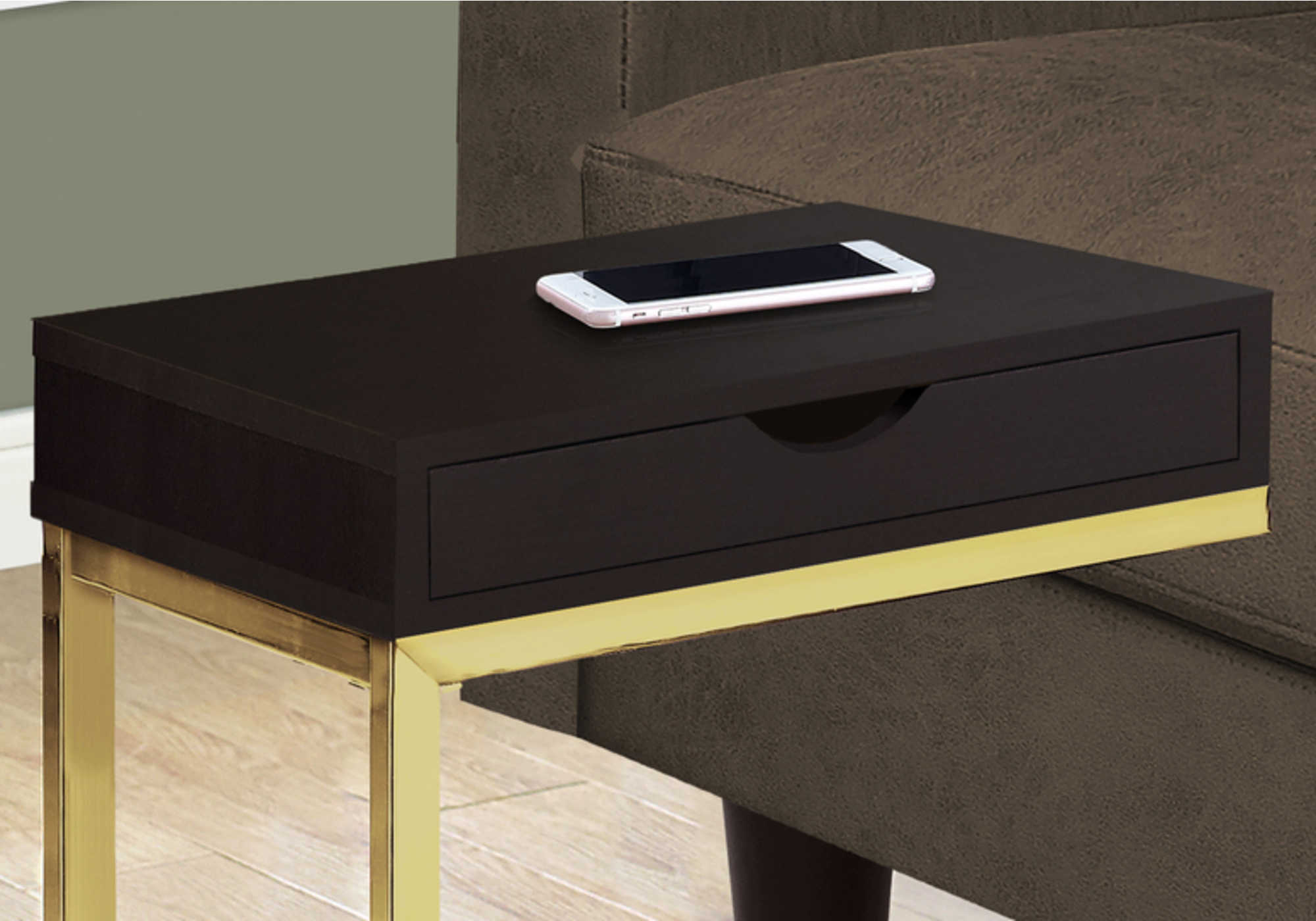 TABLE DE CHEVET - METAL OR / ESPRESSO ET TIROIR – I 3236.