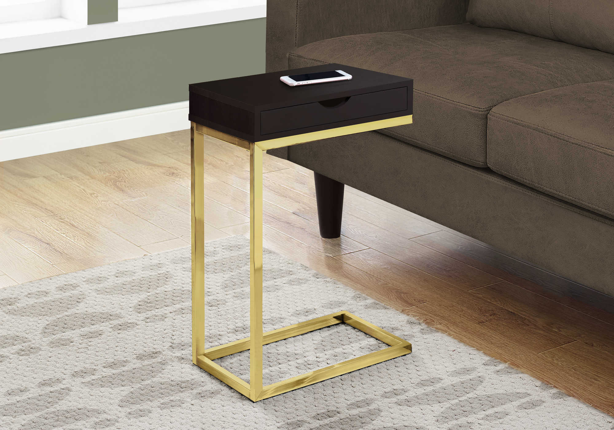 TABLE DE CHEVET - METAL OR / ESPRESSO ET TIROIR – I 3236.