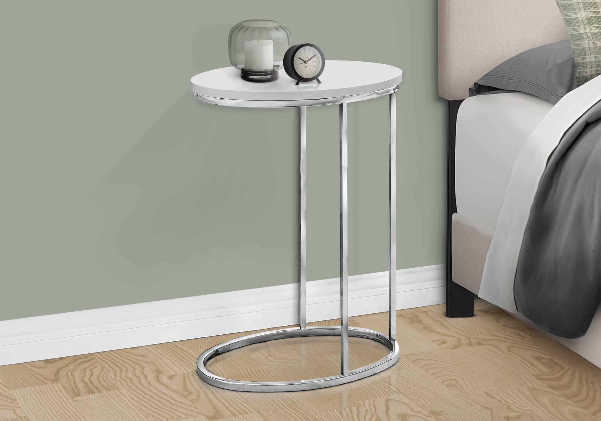Image of nightstand - oval / glossy white with chrome metal i 3246.