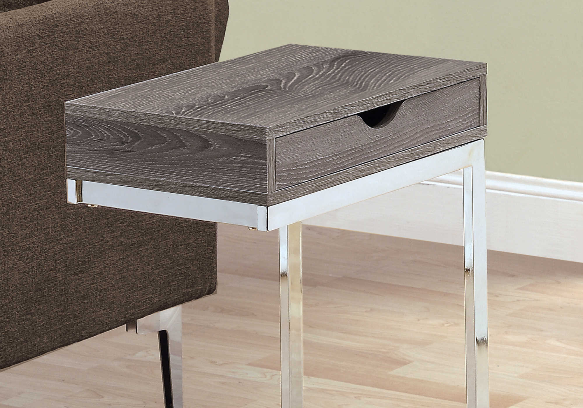 TABLE DE CHEVET - METAL CHROME / TAUPE FONCE ET TIROIR – I 3254.