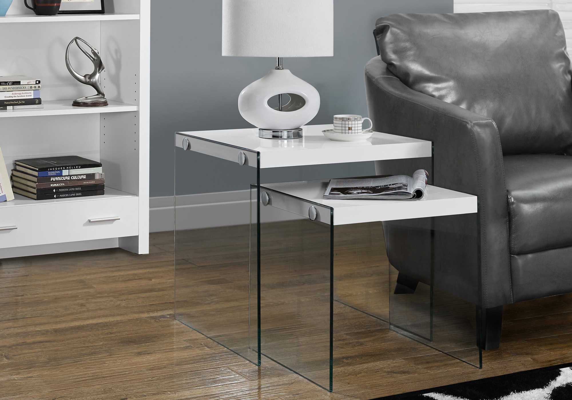 TABLES GIGOGNES - ENS. 2PCS / BLANC LUSTRE / VERRE TREMPE – I 3287