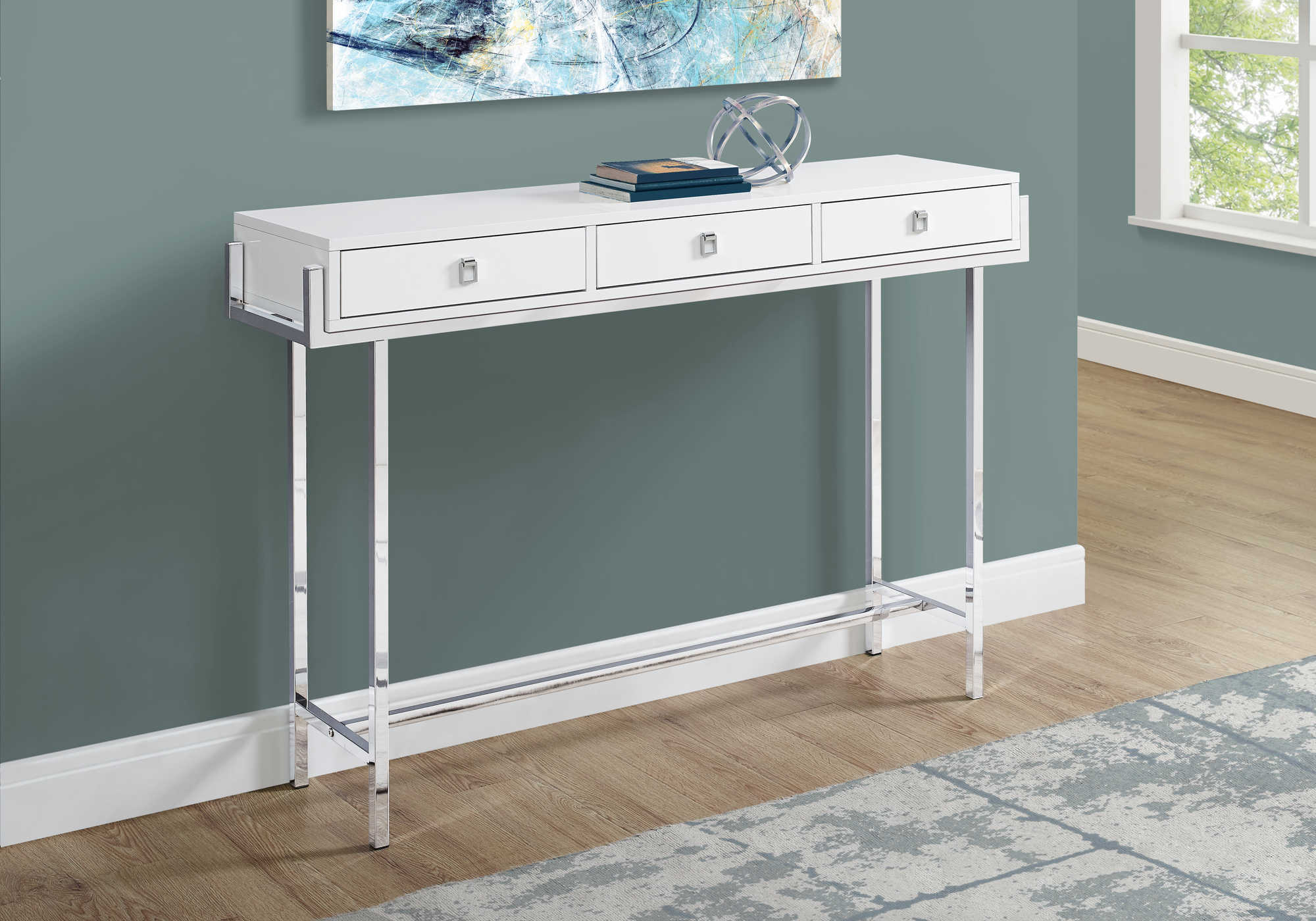 TABLE D'APPOINT - 48"L / BLANC LUSTRE / METAL CHROME – I 3297.