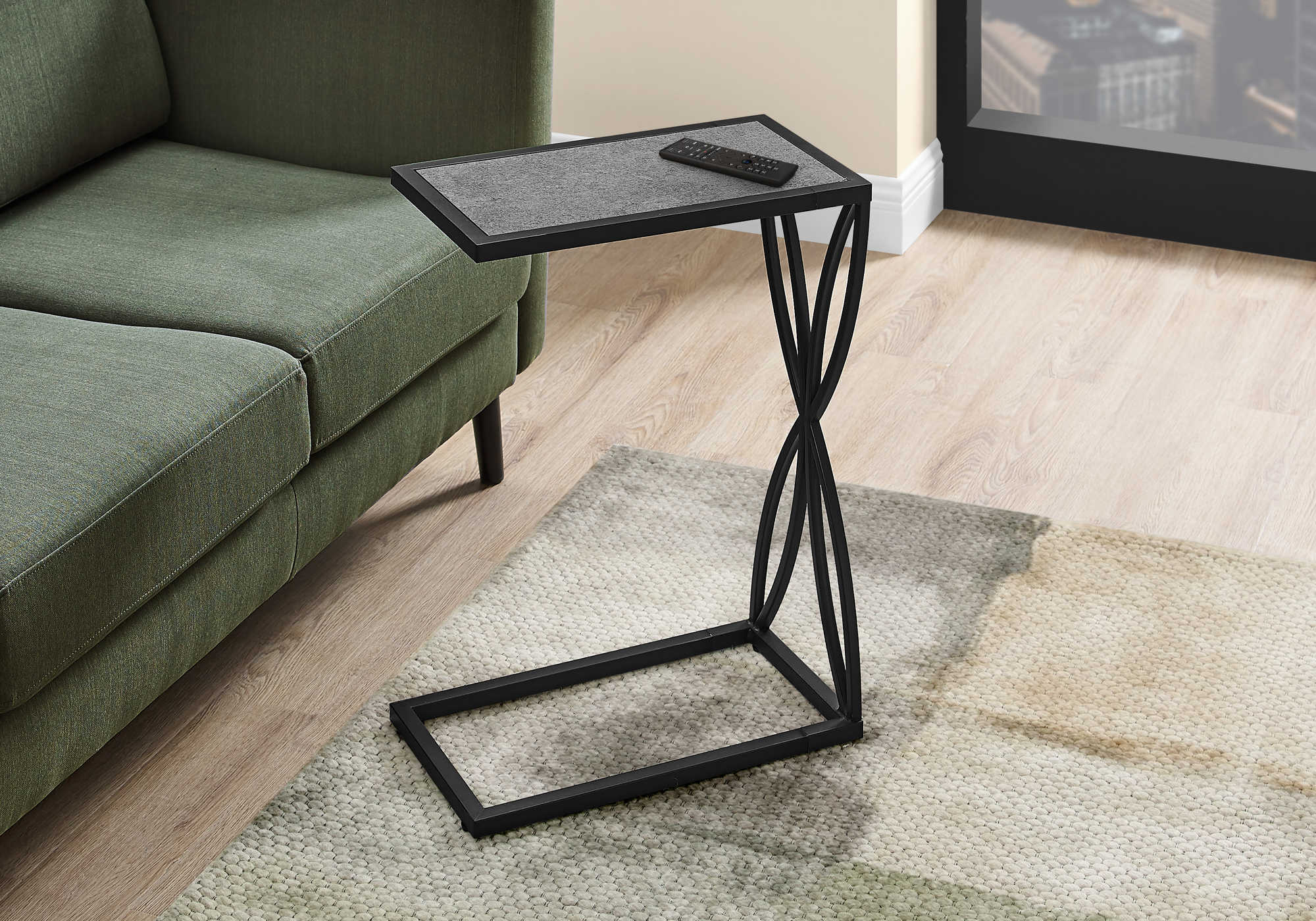 TABLE DE CHEVET - 25"H / FAUSSE PIERRE GRISE / METAL NOIR – I 3305.