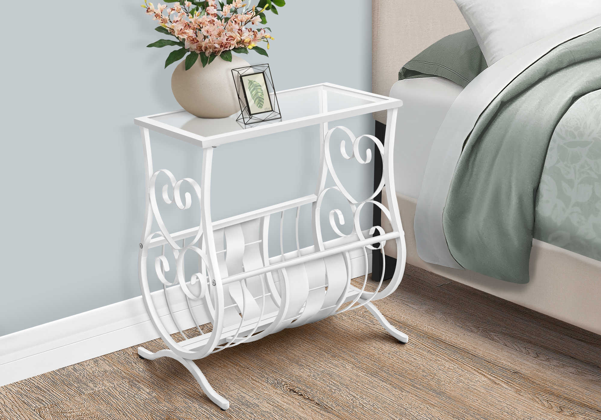 Image of nightstand - antique white metal with tempered glass i 3312.