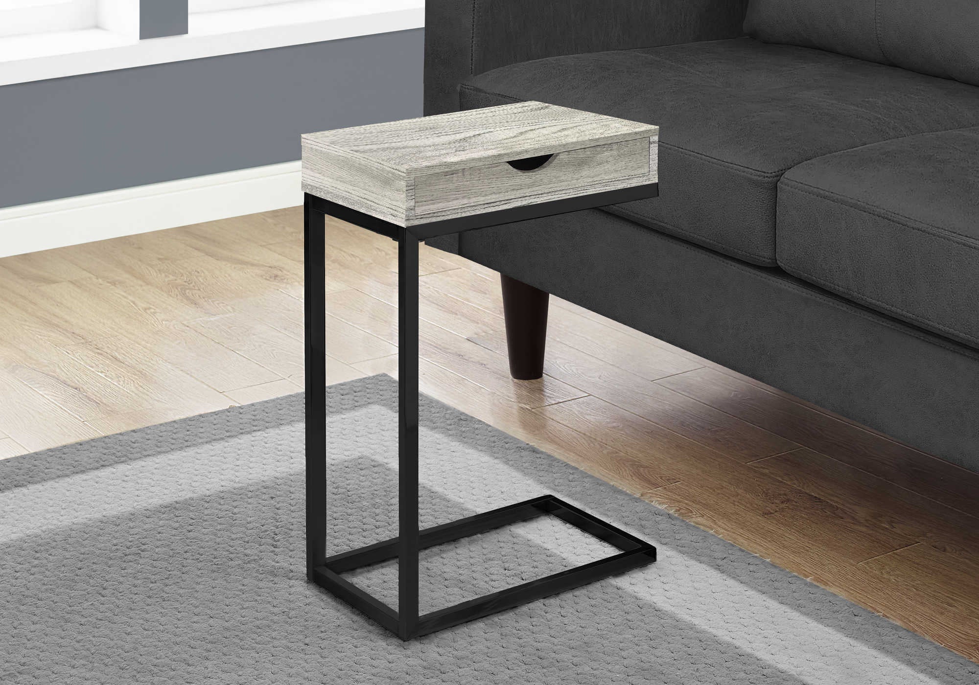 TABLE DE CHEVET - METAL NOIR / FAUX BOIS GRIS / TIROIR – I 3407.