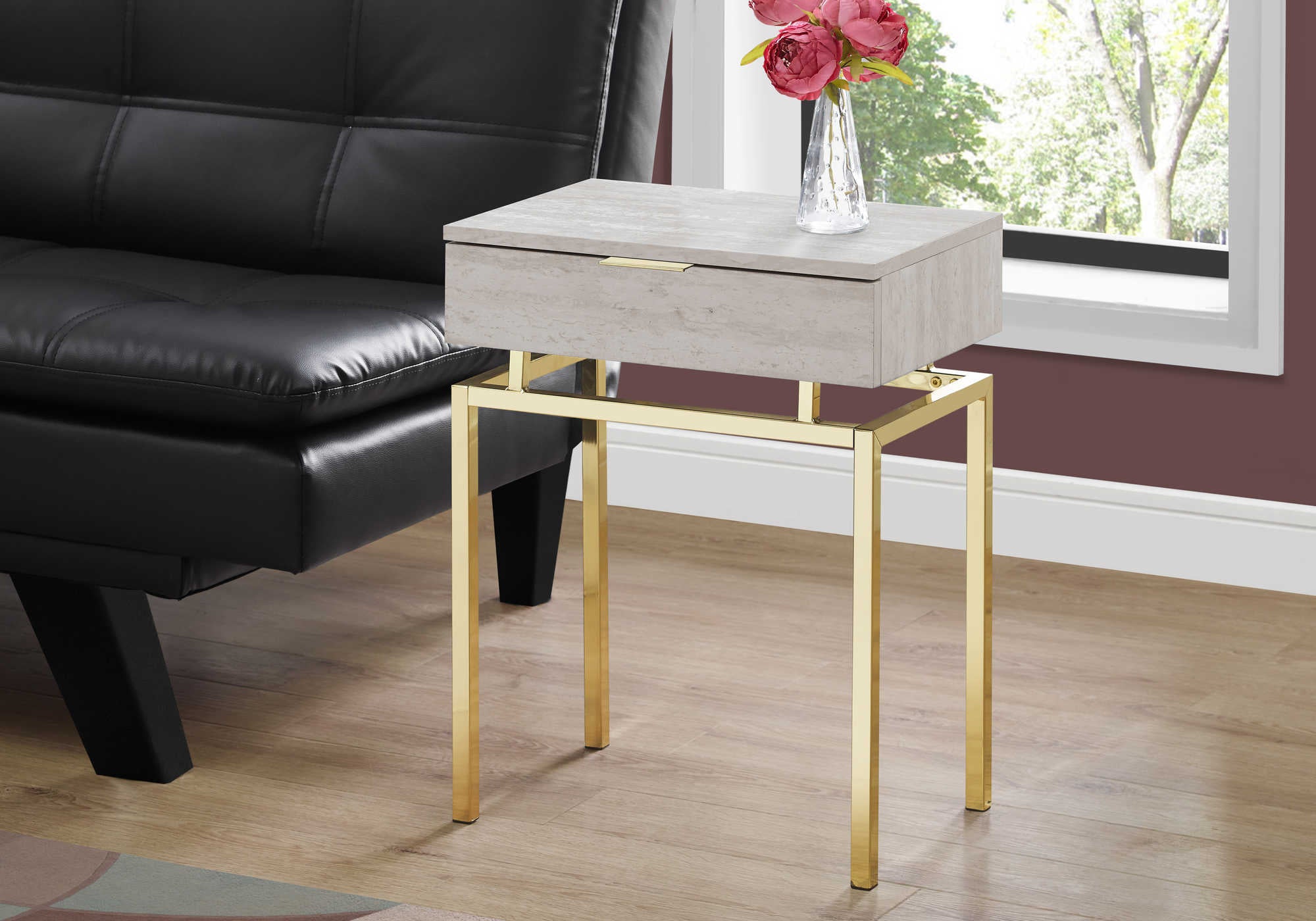 TABLE DE CHEVET - 24"H / MARBRE BEIGE / METAL OR – I 3463.