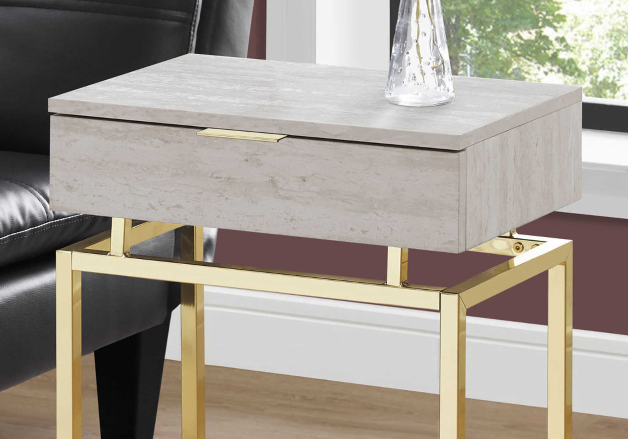 TABLE DE CHEVET - 24"H / MARBRE BEIGE / METAL OR – I 3463.