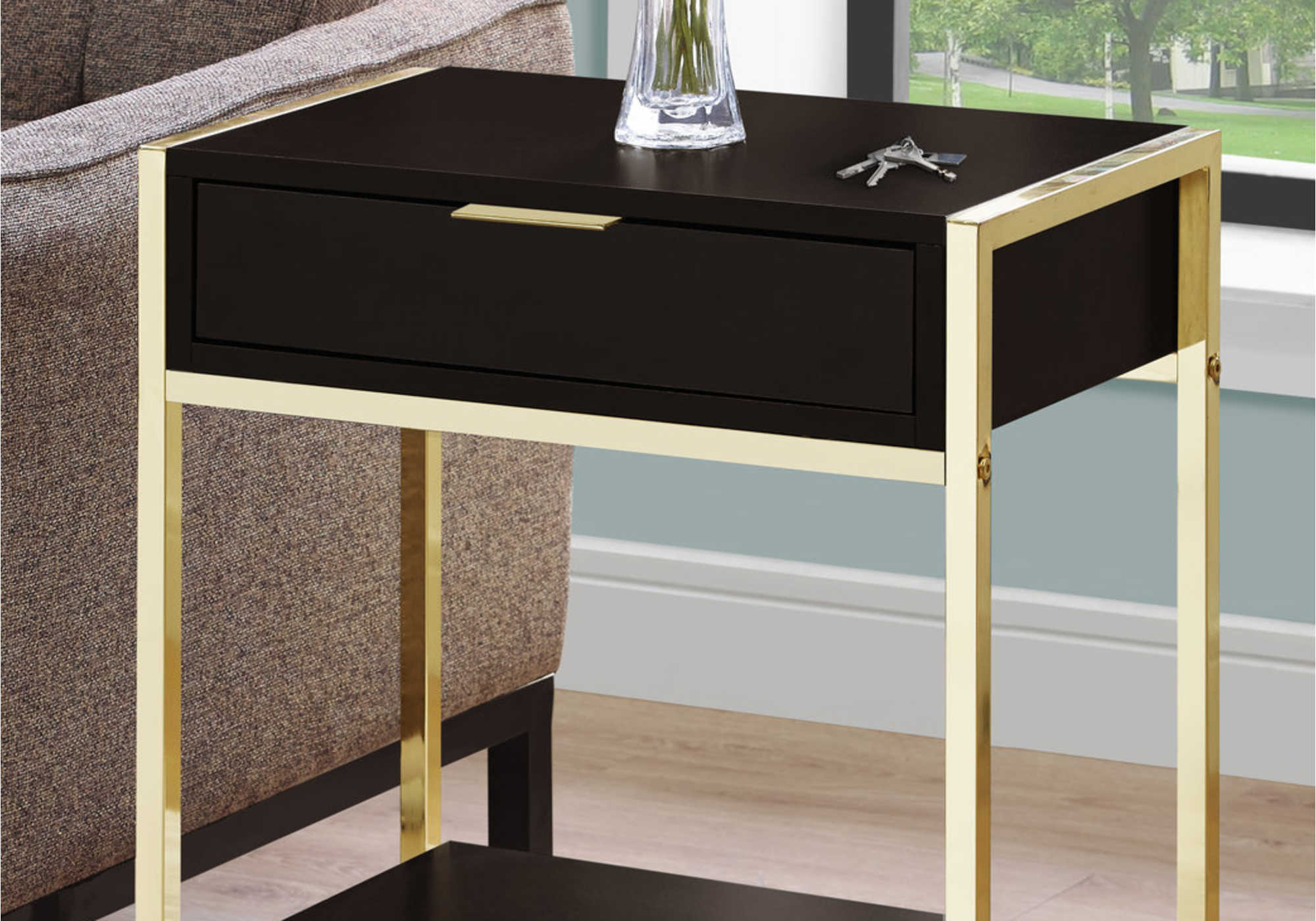 TABLE DE CHEVET - 24"H / ESPRESSO / METAL OR – I 3486.