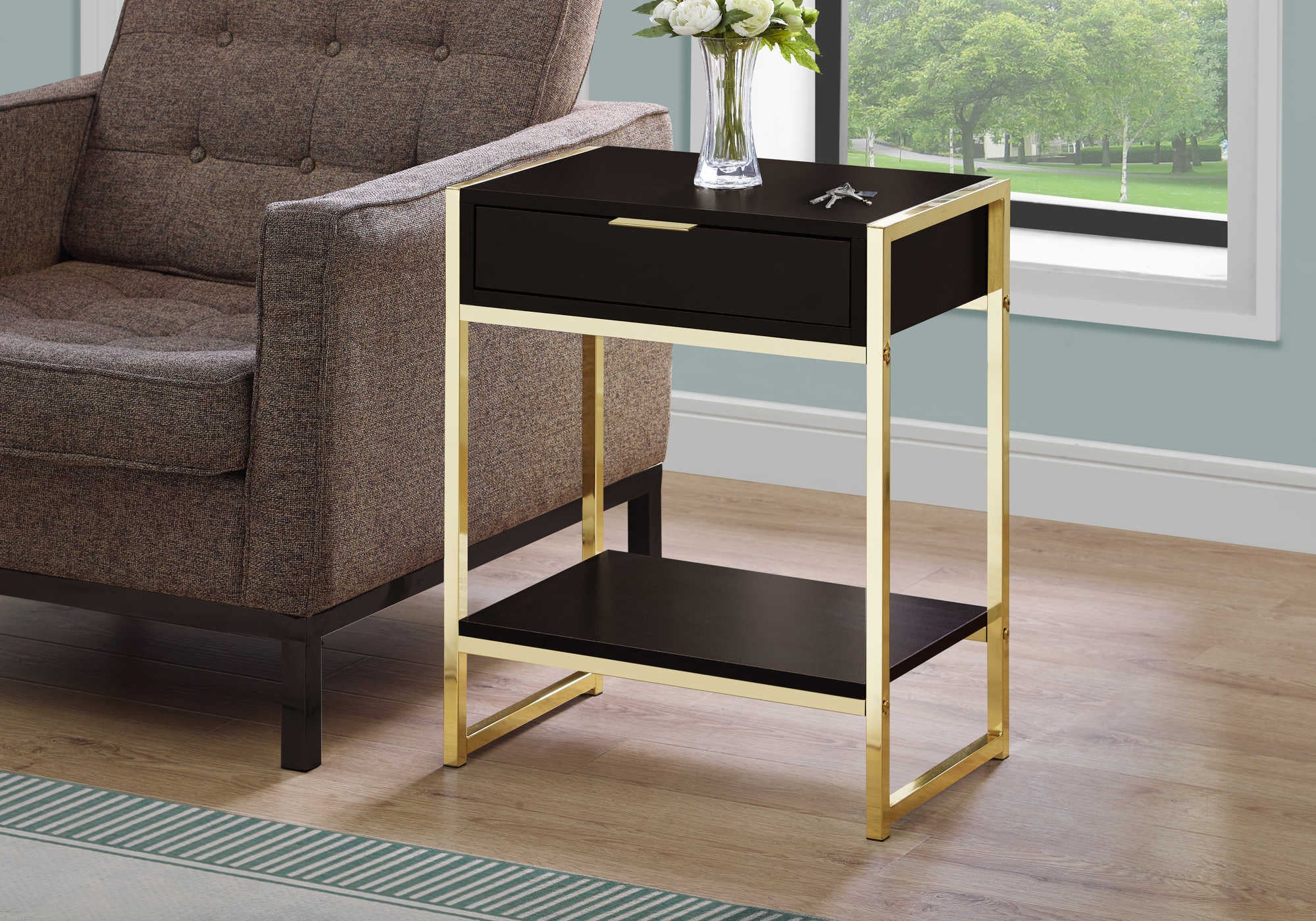 TABLE DE CHEVET - 24"H / ESPRESSO / METAL OR – I 3486.