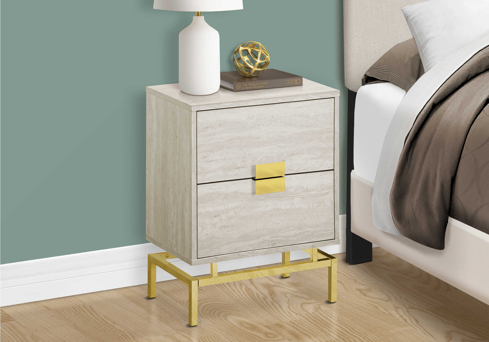 TABLE DE CHEVET - 24"H / MARBRE BEIGE / METAL OR – I 3493.