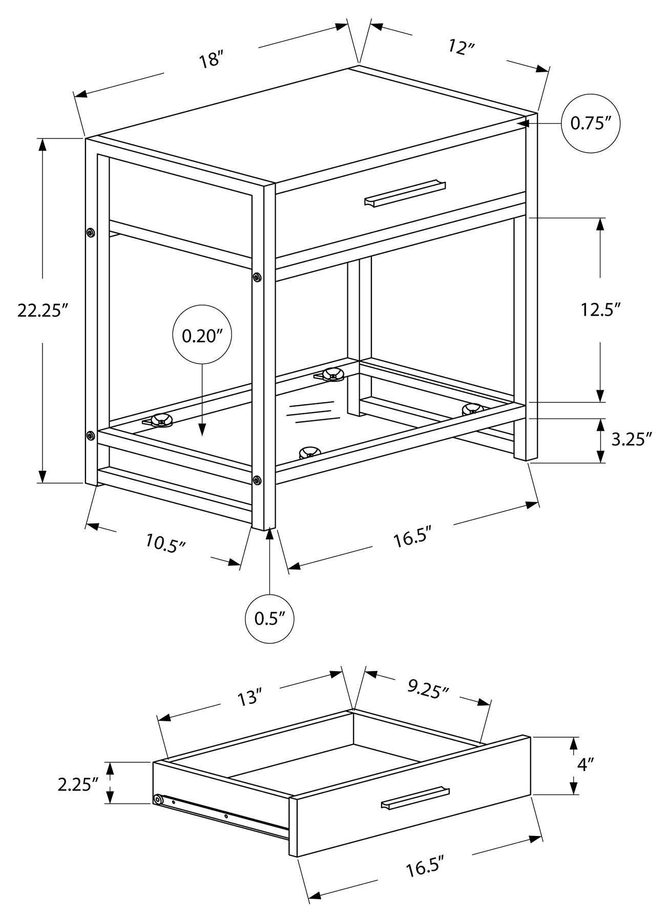 TABLE DE CHEVET - 22"H / BLANC / ARGENT / VERRE TREMPE – I 3503.