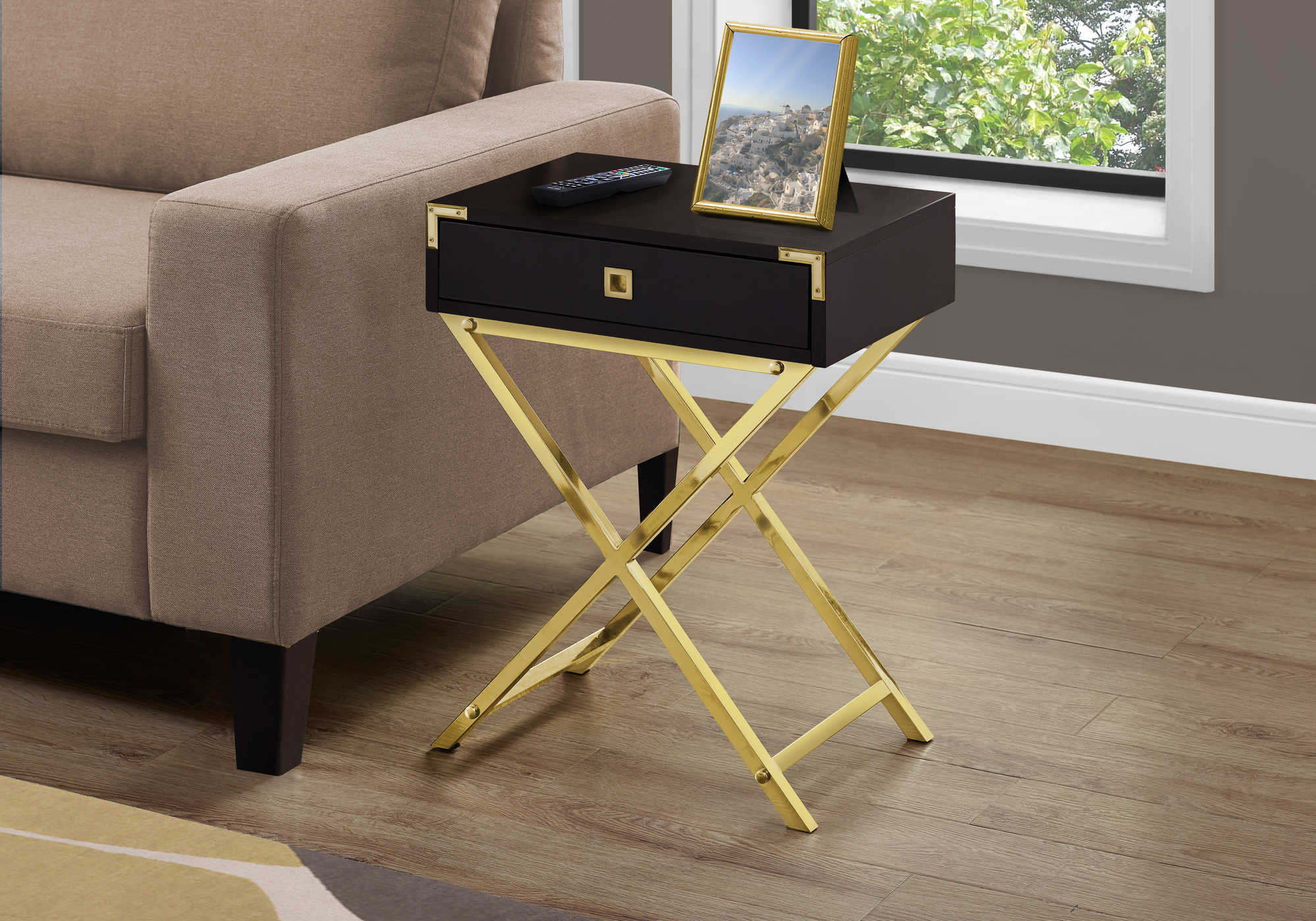 TABLE DE CHEVET - 24"H / ESPRESSO / METAL OR – I 3556.
