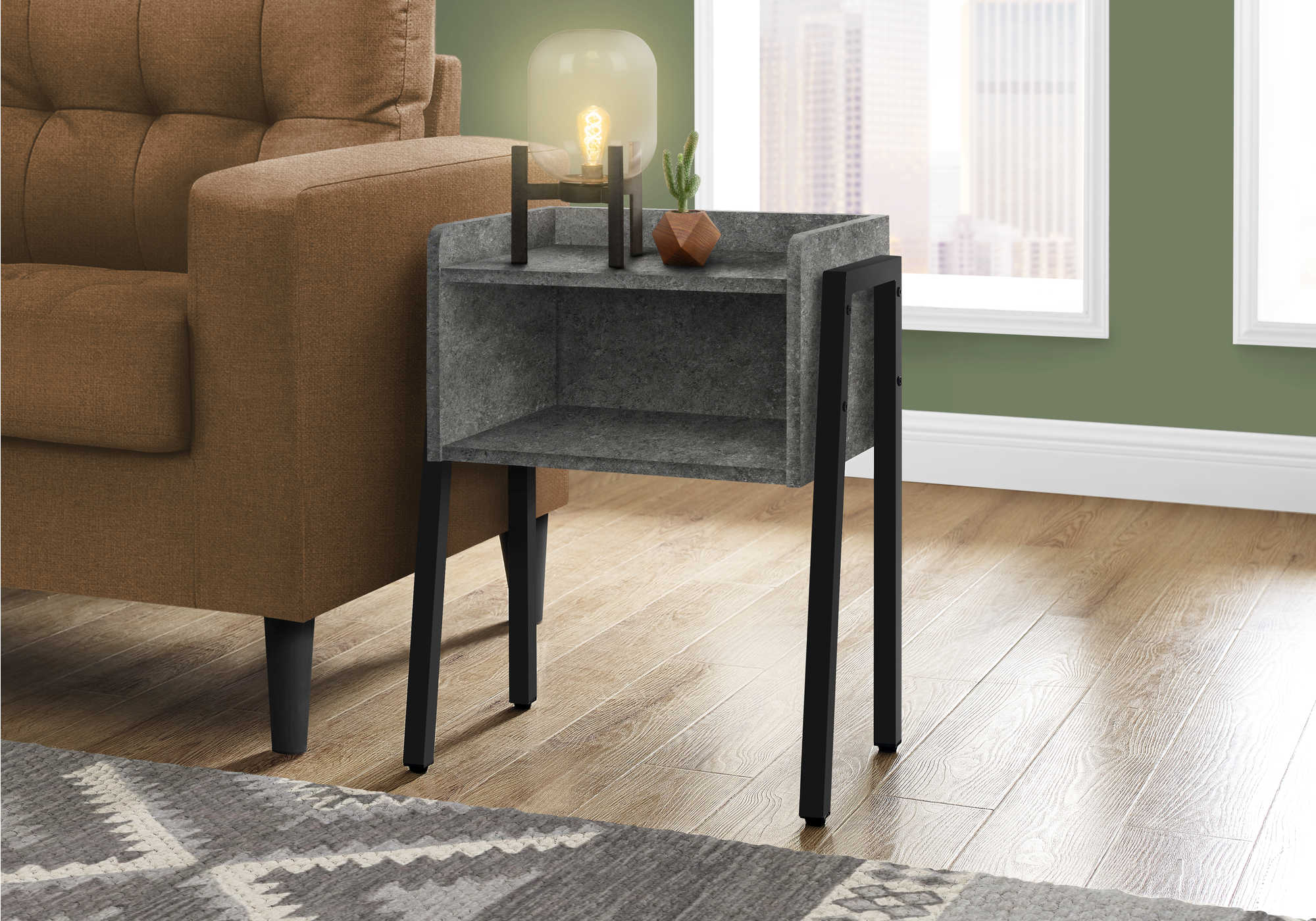 TABLE DE CHEVET - 23"H / FAUSSE PIERRE GRISE / METAL NOIR – I 3584.