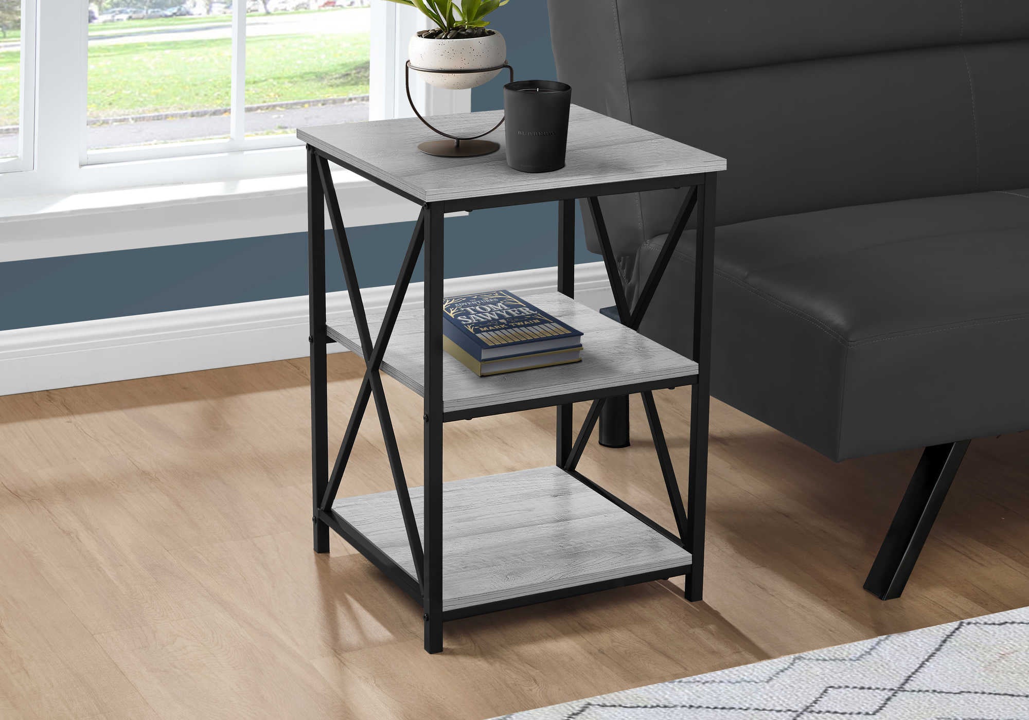 TABLE DE CHEVET - 26"H / GRIS / METAL NOIR – I 3596.