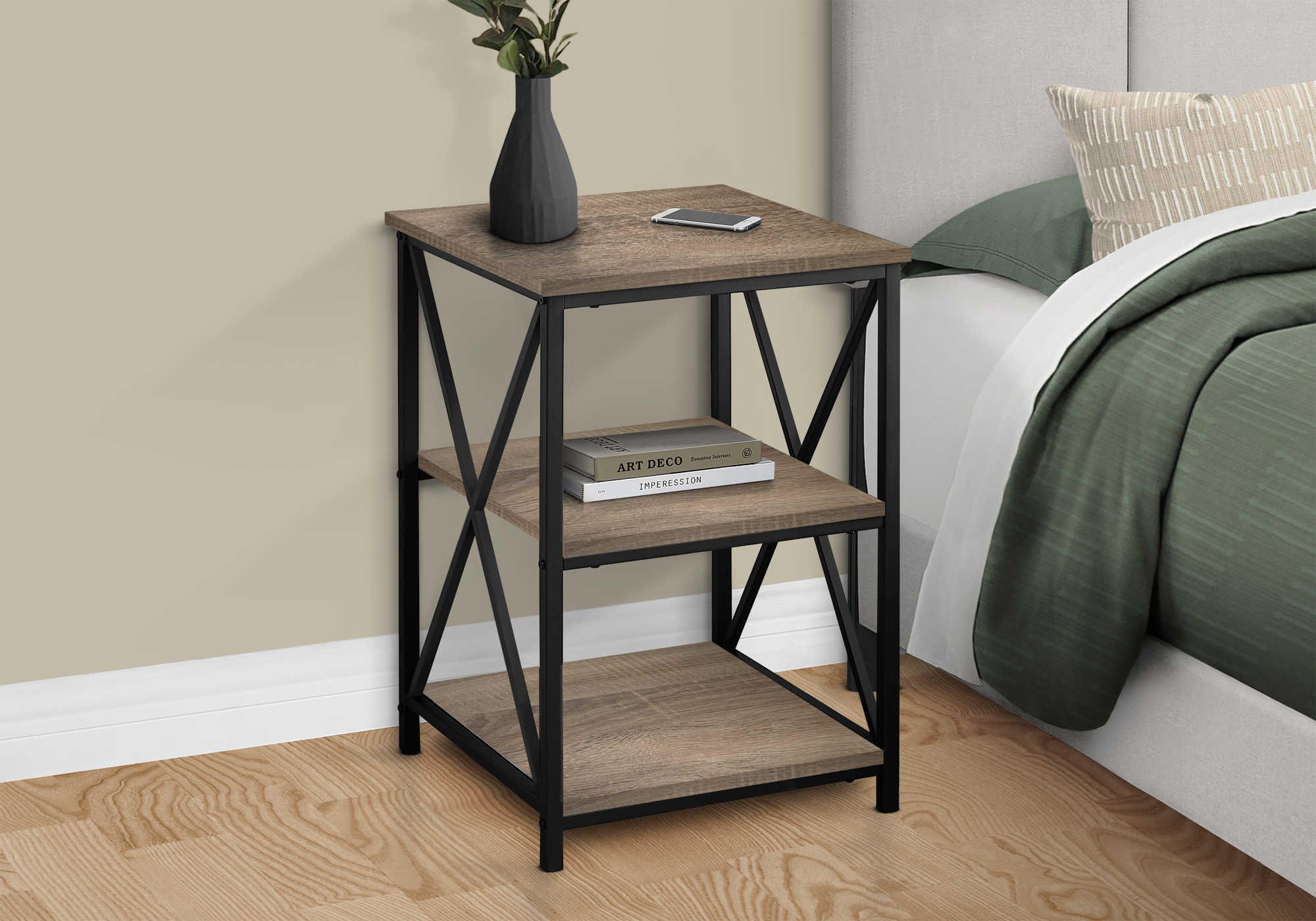 TABLE DE CHEVET - 26"H / TAUPE FONCE / METAL NOIR – I 3597.