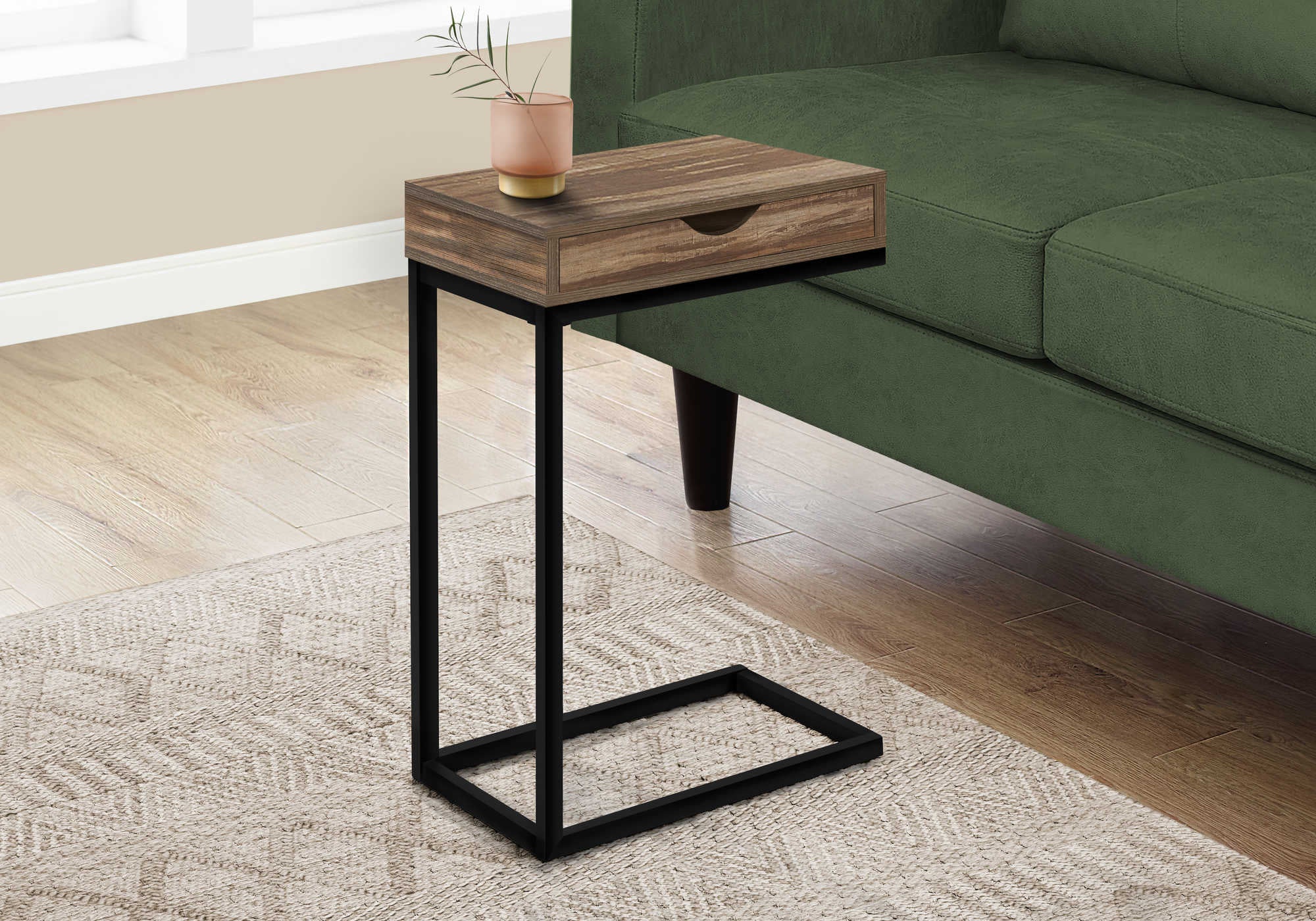 TABLE DE CHEVET - FAUX BOIS BRUN / METAL NOIR – I 3602.