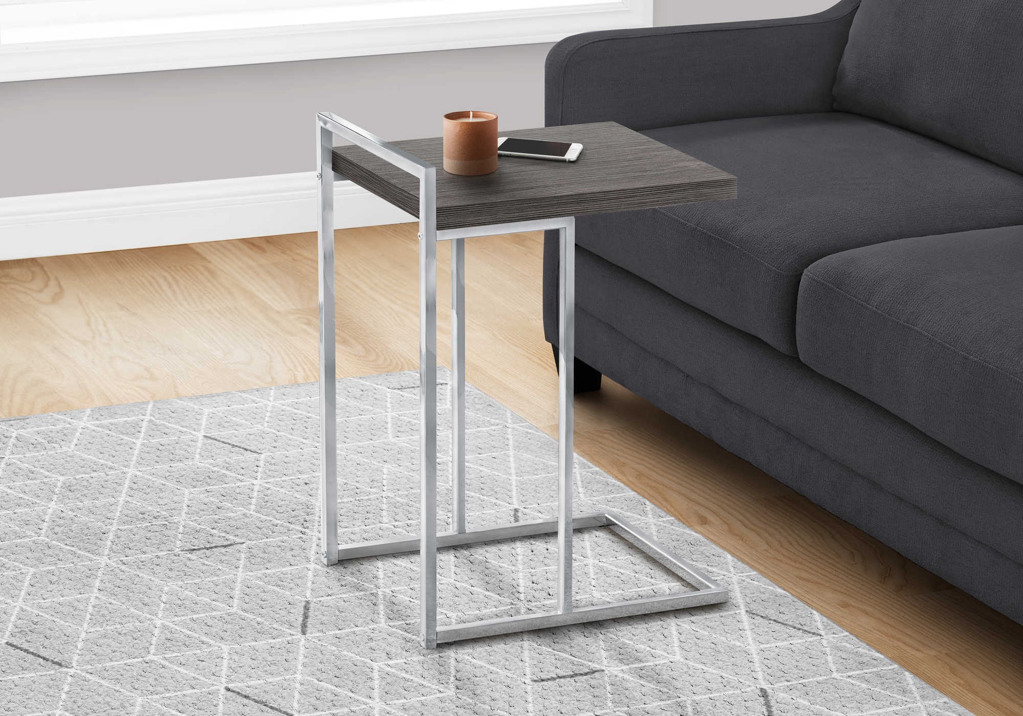 TABLE DE CHEVET - 25"H / GRIS / METAL CHROME – I 3637.
