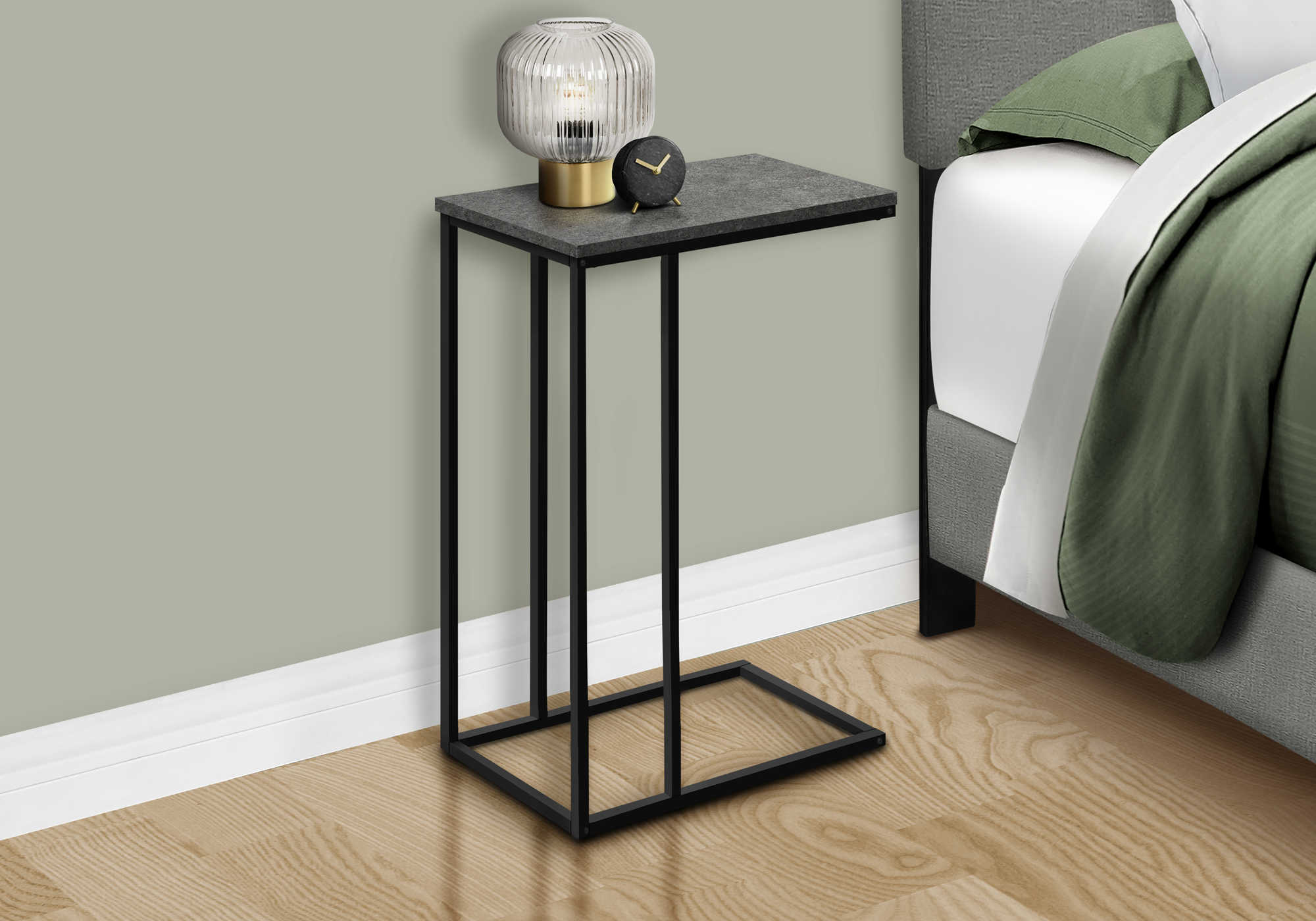 TABLE DE CHEVET - 25"H / FAUSSE PIERRE GRISE / METAL NOIR – I 3765.