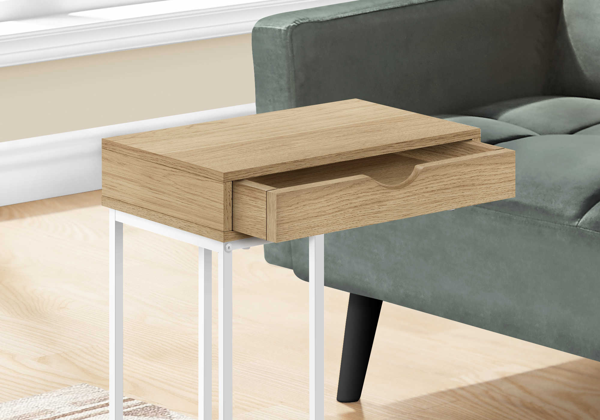TABLE DE CHEVET - 25"H / NATUREL / METAL BLANC – I 3775.