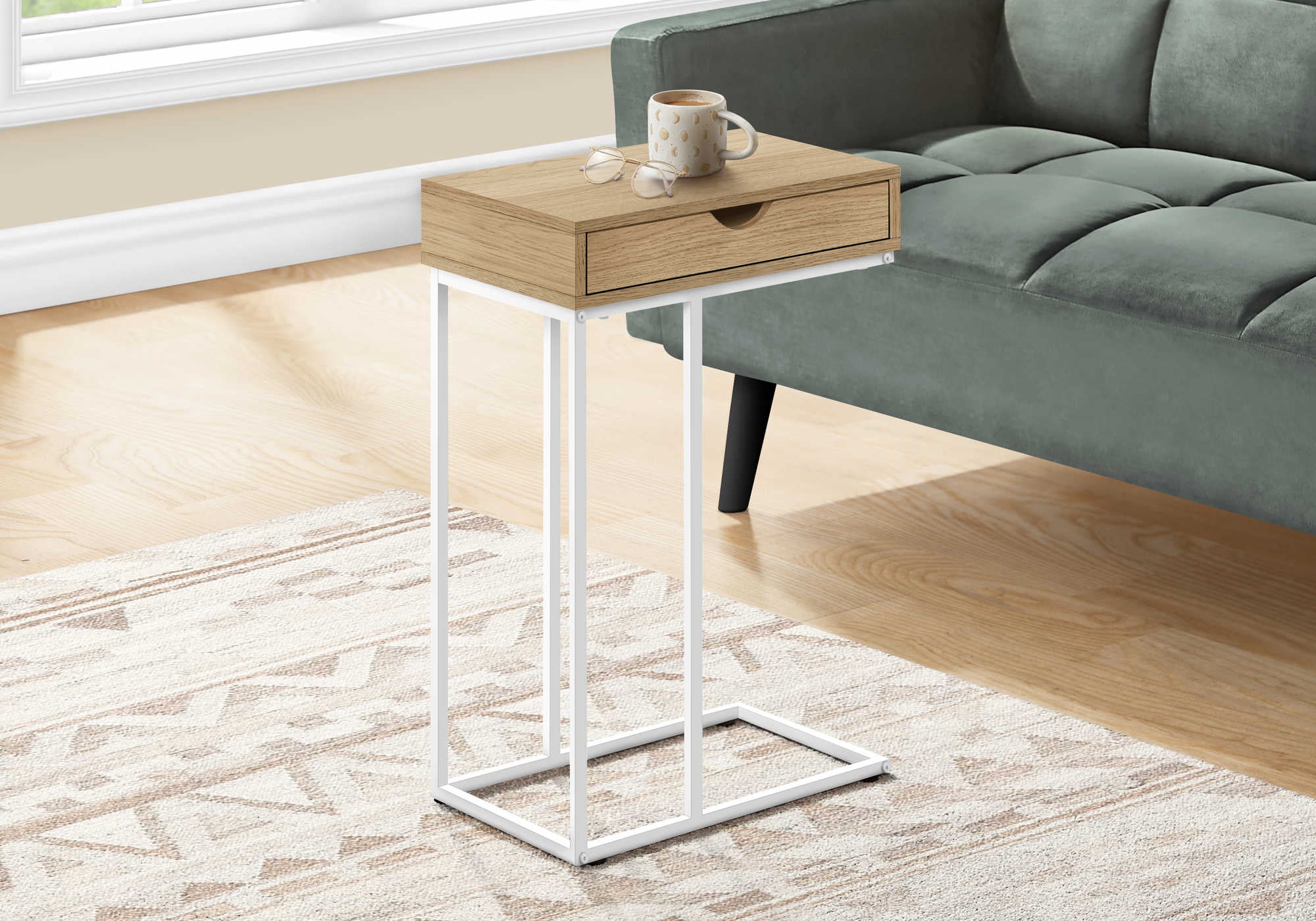 TABLE DE CHEVET - 25"H / NATUREL / METAL BLANC – I 3775.