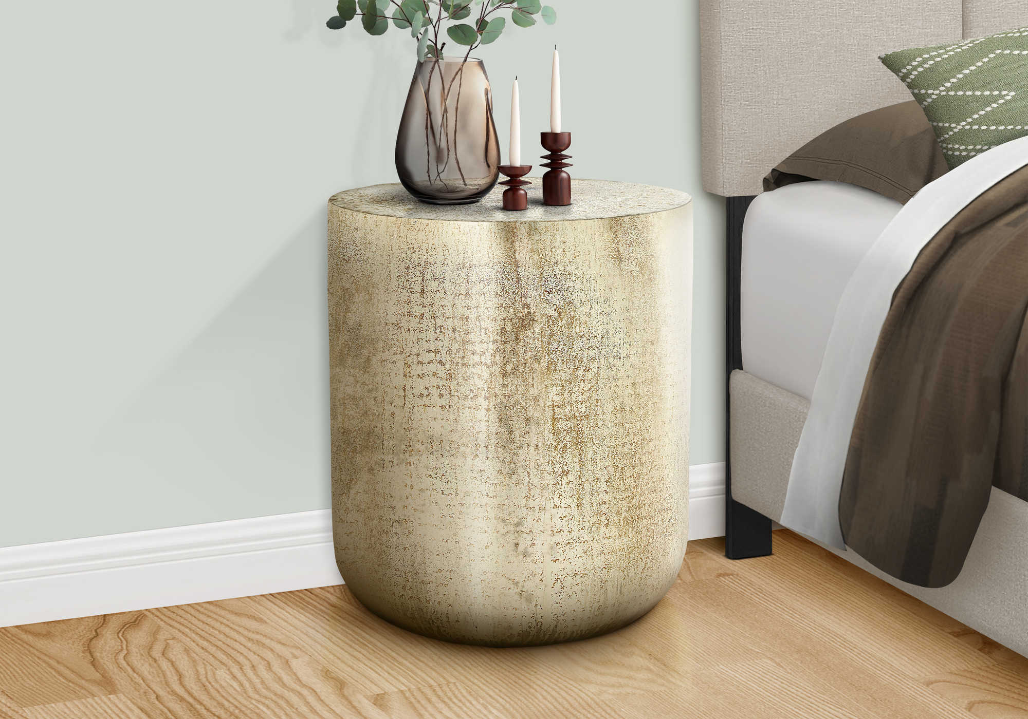 Image of nightstand - 22"h / antique gold iron metal drum end i 3907.