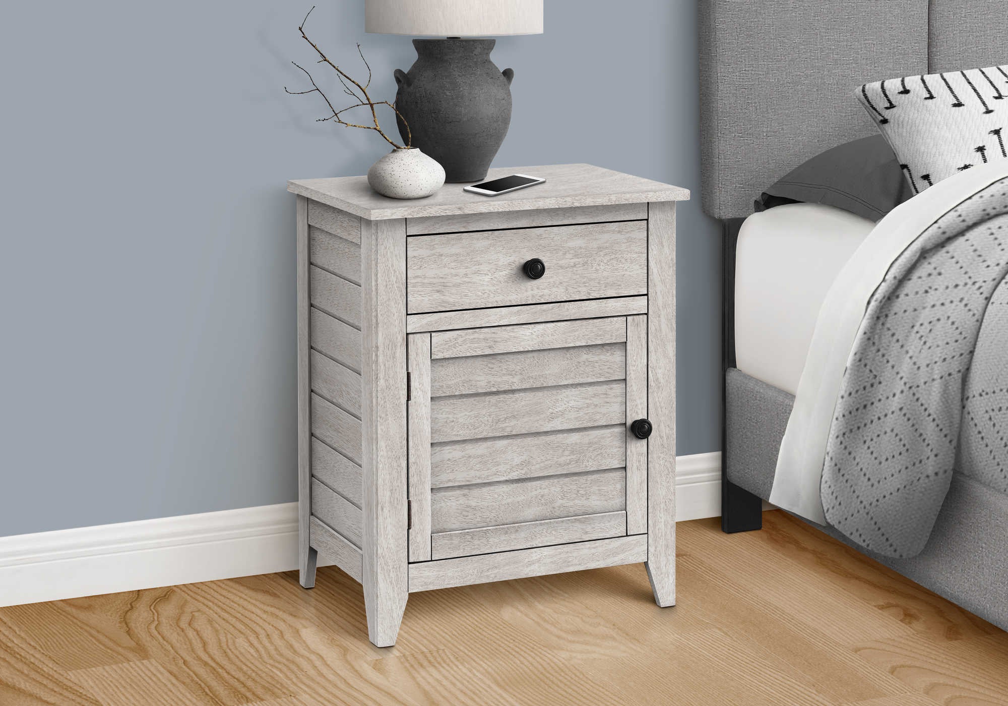TABLE DE CHEVET - 25"H / TABLE DE BOUT BOIS PLAQUE GRIS – I 3950.