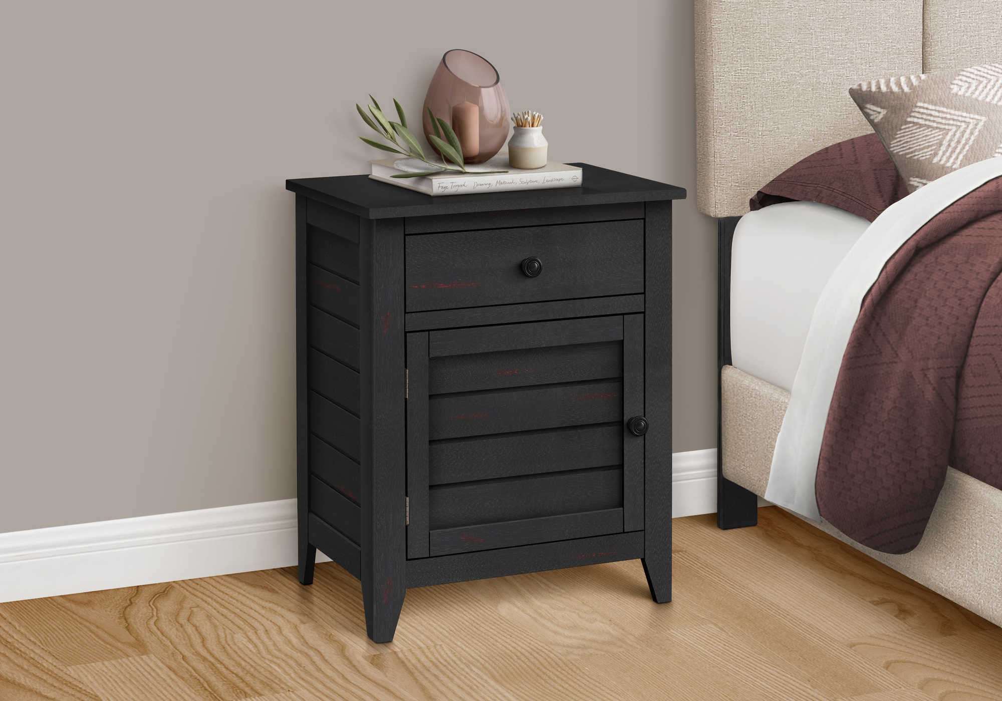 TABLE DE CHEVET - 25"H / TABLE DE BOUT BOIS PLAQUE NOIR – I 3951.
